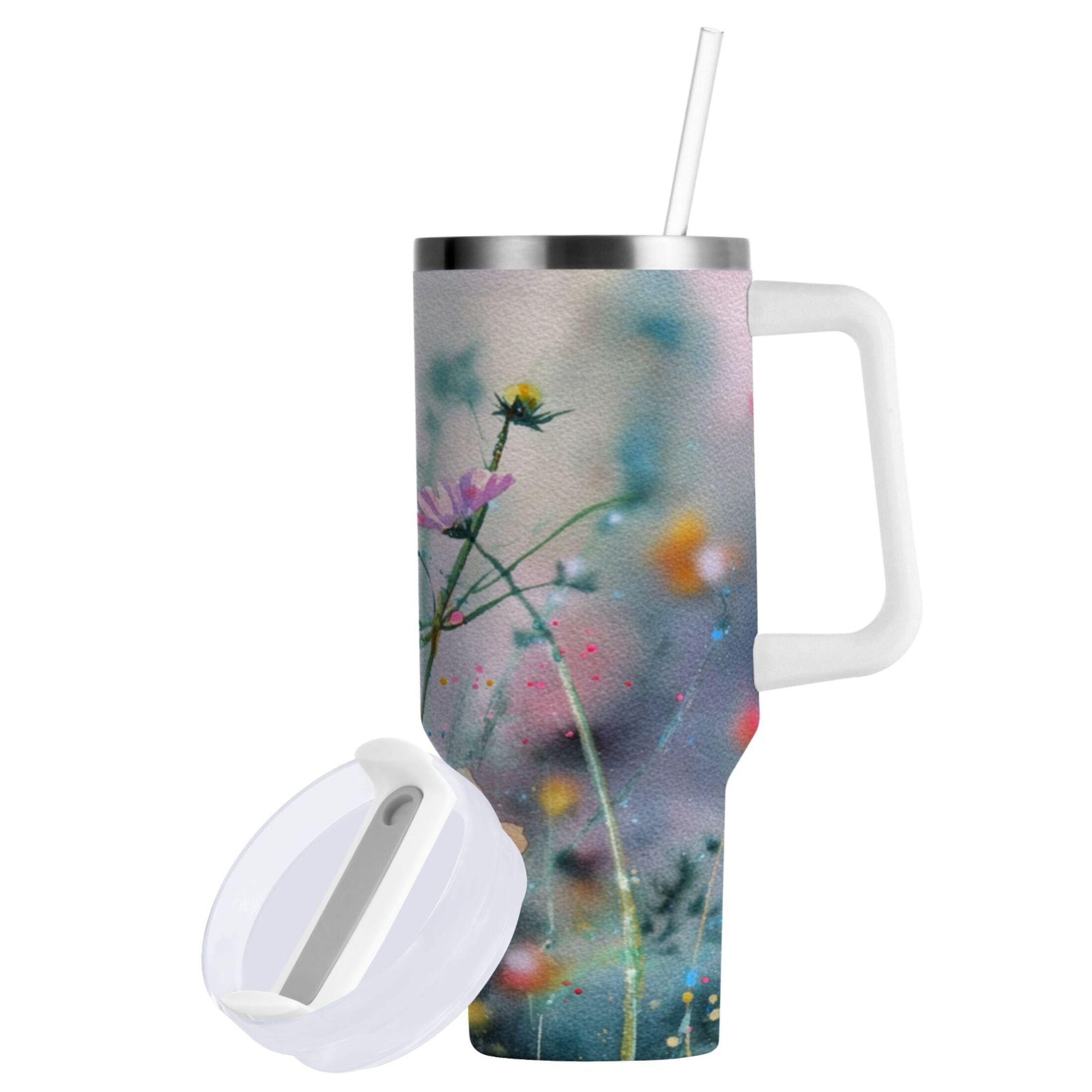 40 oz Insulated Stainless Steel Tumbler Double Wall Stainless Steel Tumbler with 2-Way Drinking Abstract Wildflowers | I3Z5