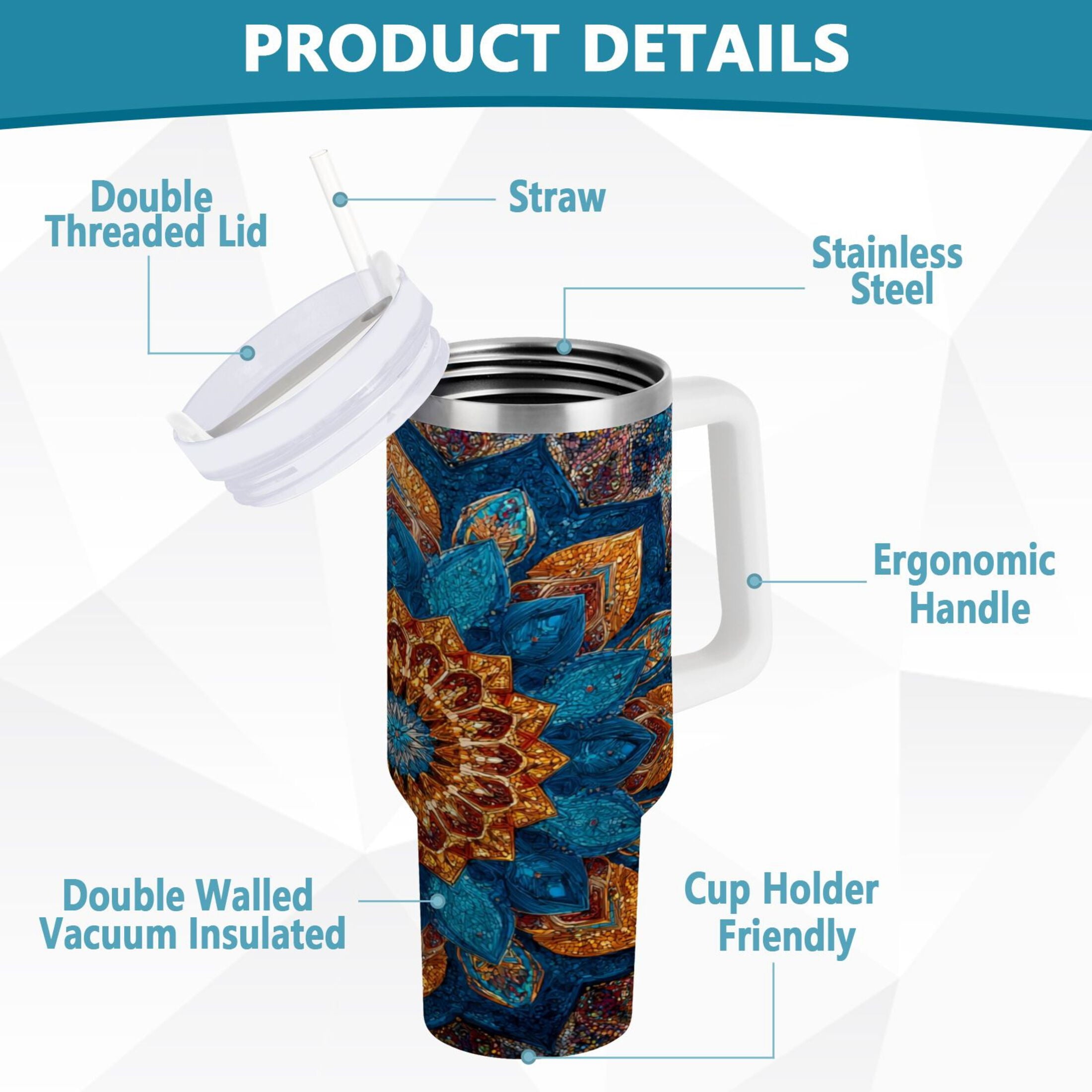 40 oz Insulated Stainless Steel Tumbler Double Wall Stainless Steel Tumbler with 2-Way Drinking Intricate Geometric Shapes | PH94