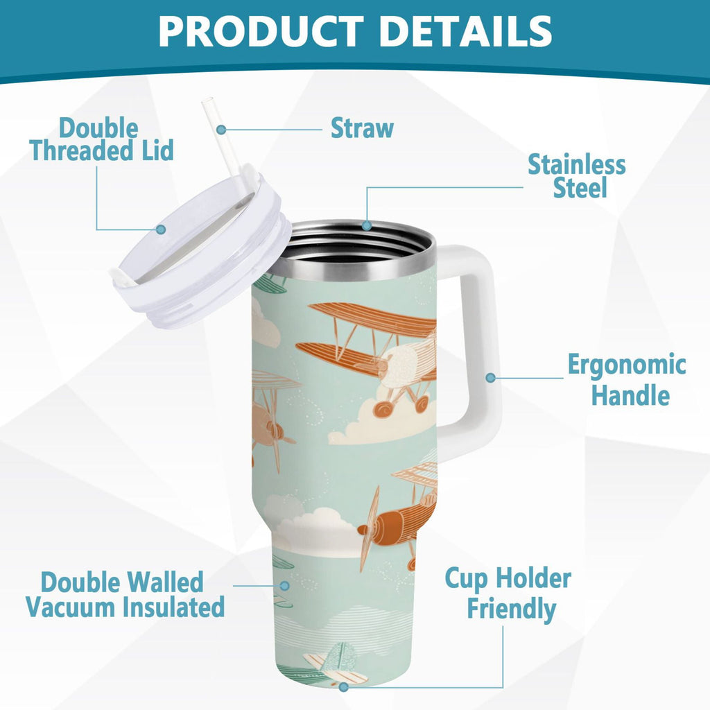 40 oz Insulated Stainless Steel Tumbler Double Wall Stainless Steel Tumbler with 2-Way Drinking Cute Airplanes | TUVG