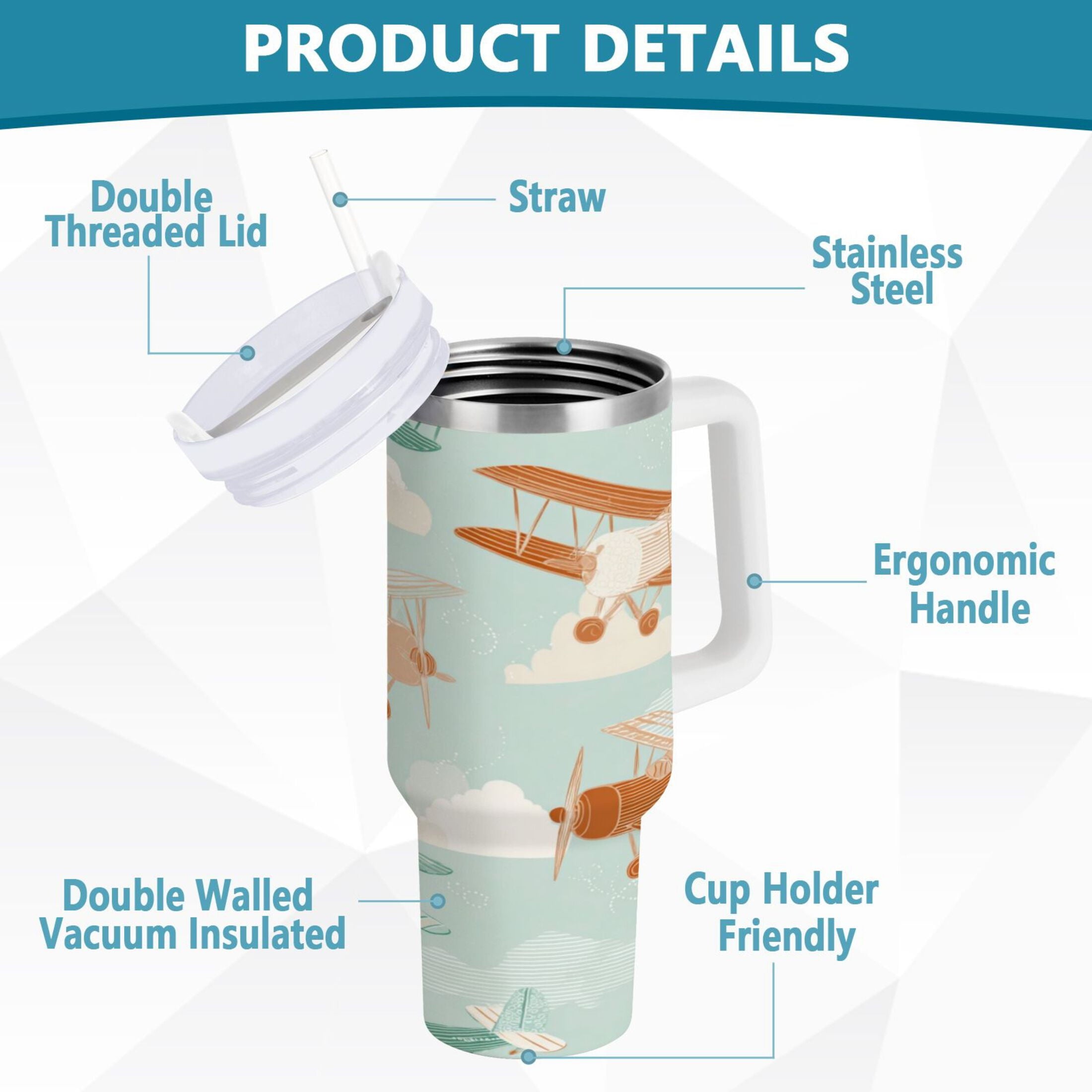 40 oz Insulated Stainless Steel Tumbler Double Wall Stainless Steel Tumbler with 2-Way Drinking Cute Airplanes | TUVG