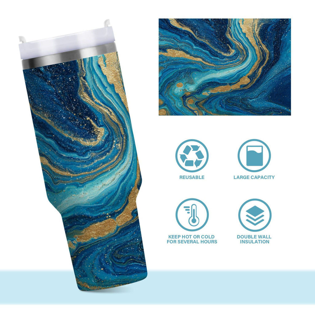 30 oz Insulated Stainless Steel Tumbler Double Wall Stainless Steel Tumbler with 2-Way Drinking Blue and Gold Ocean | NC8K