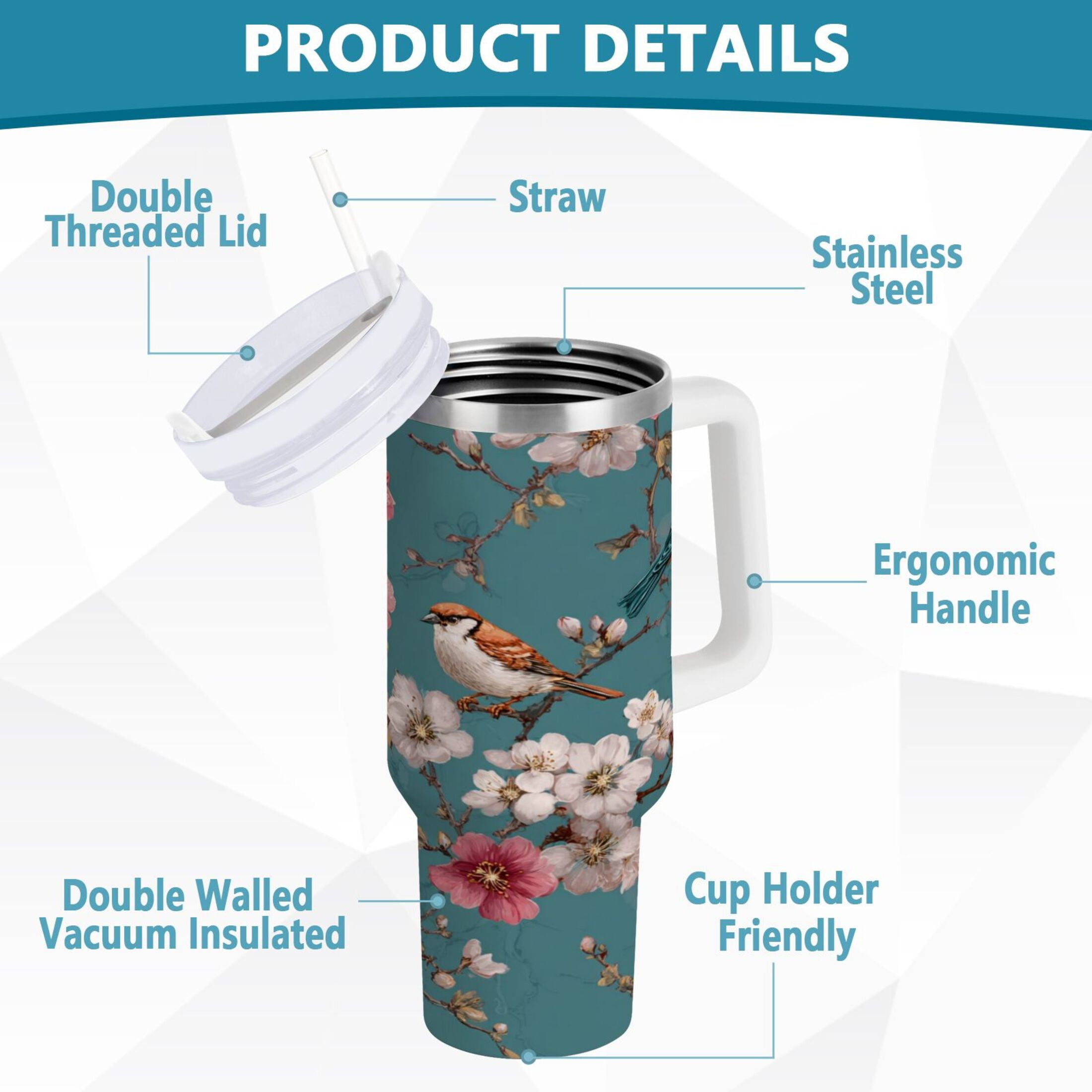 30 oz Insulated Stainless Steel Tumbler Double Wall Stainless Steel Tumbler with 2-Way Drinking Birds and Cherry Pattern | B0Z0