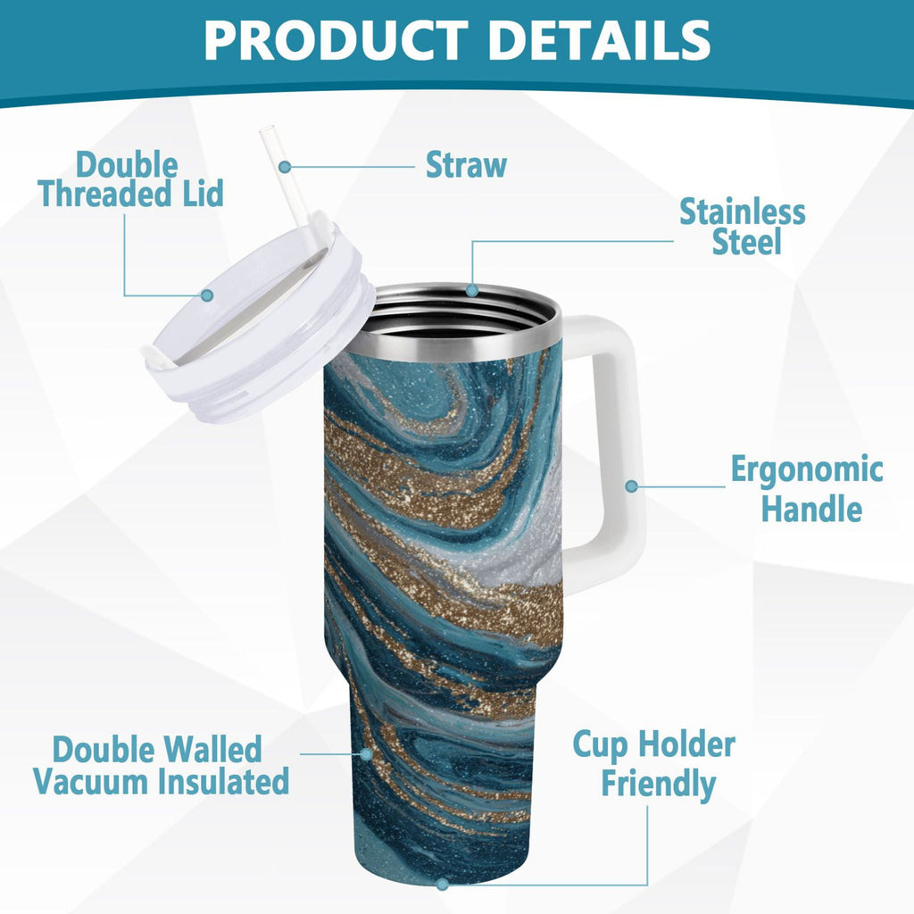 30 oz Insulated Stainless Steel Tumbler Double Wall Stainless Steel Tumbler with 2-Way Drinking Blue and Gold Swirling | 4VTF