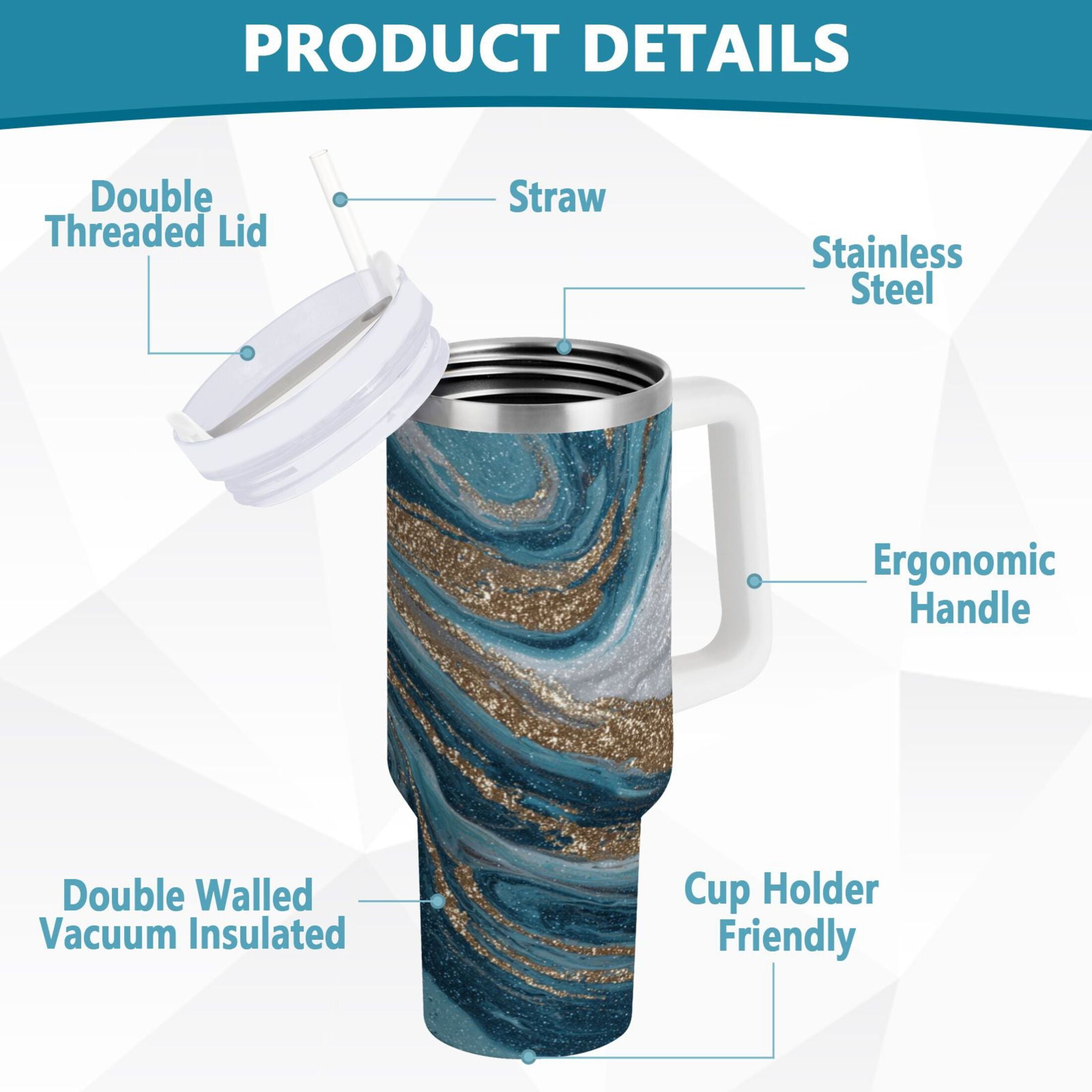 30 oz Insulated Stainless Steel Tumbler Double Wall Stainless Steel Tumbler with 2-Way Drinking Blue and Gold Swirling | 4VTF