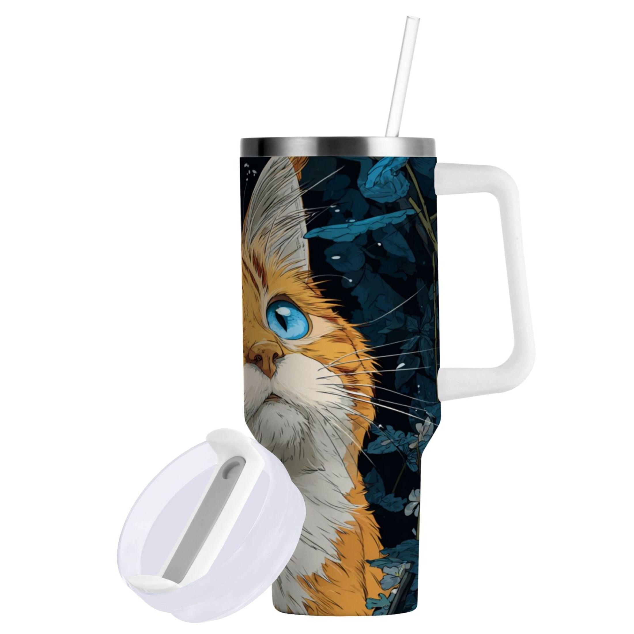 30 oz Insulated Stainless Steel Tumbler Double Wall Stainless Steel Tumbler with 2-Way Drinking Orange Cat with Blue Eyes | ALUY