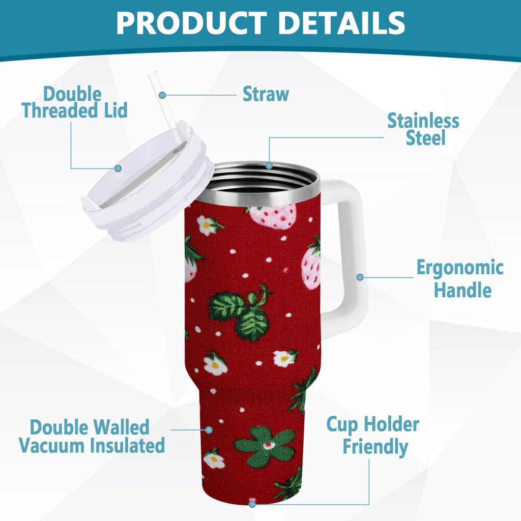 30 oz Insulated Stainless Steel Tumbler Double Wall Stainless Steel Tumbler with 2-Way Drinking Cute Pink Strawberry Pattern | 5TCD