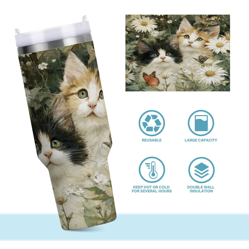 30 oz Insulated Stainless Steel Tumbler Double Wall Stainless Steel Tumbler with 2-Way Drinking Adorable Cats and Daisies | 2EZ5
