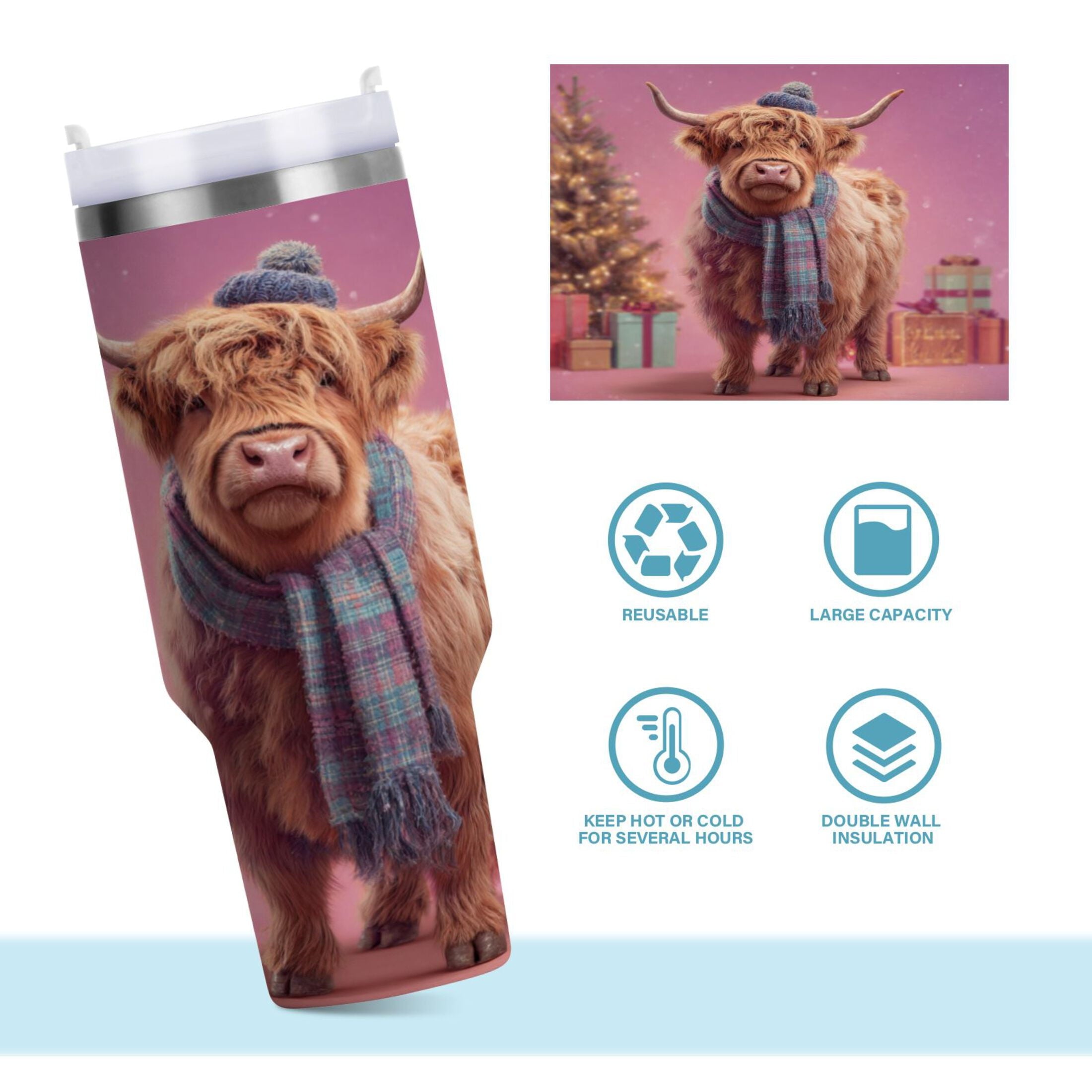 30 oz Insulated Stainless Steel Tumbler Double Wall Stainless Steel Tumbler with 2-Way Drinking Cow Wearing Christmas | QHA8