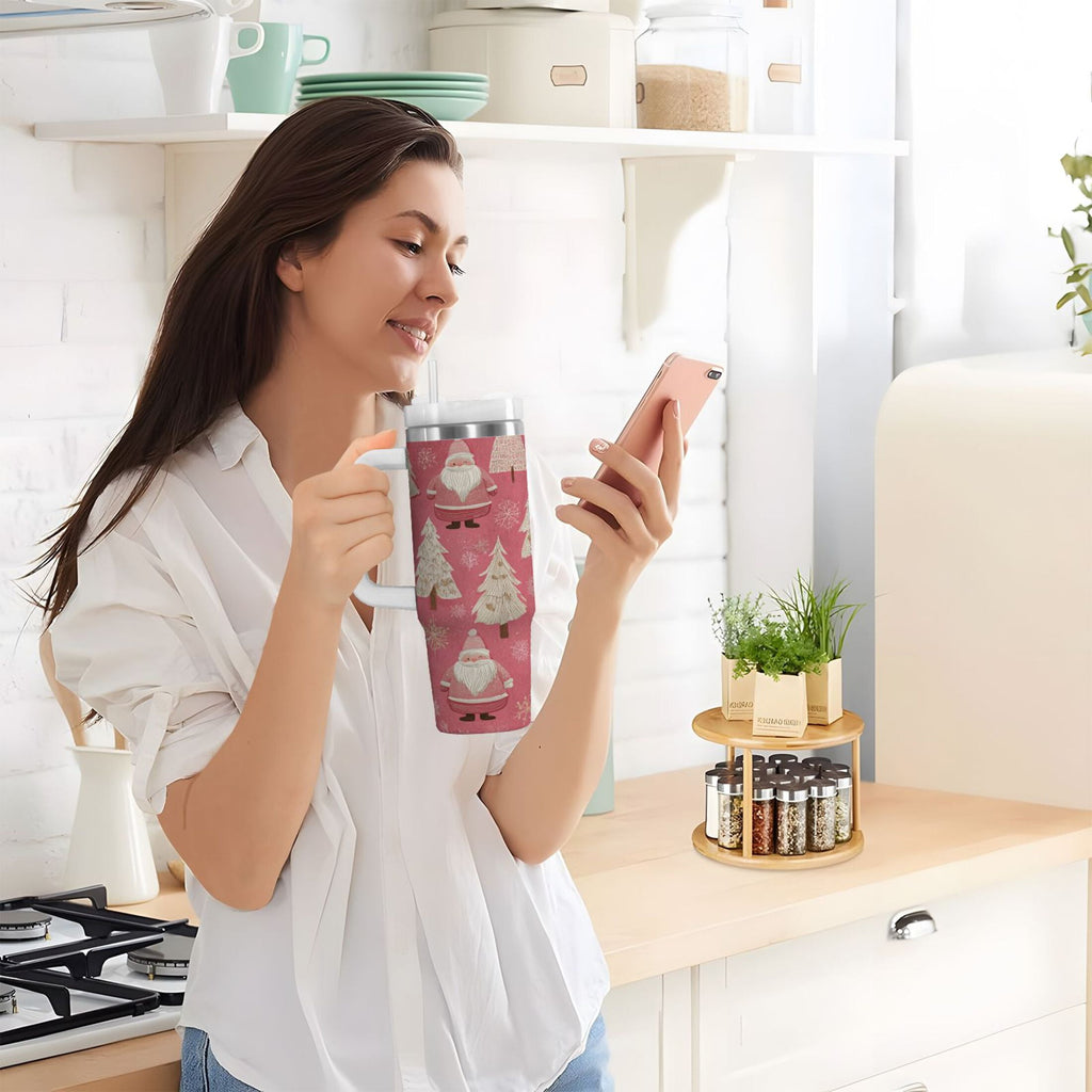 40 oz Insulated Stainless Steel Tumbler Double Wall Stainless Steel Tumbler with 2-Way Drinking Pink Santa Claus Pattern | HUWN