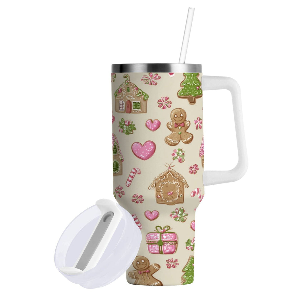 40 oz Insulated Stainless Steel Tumbler Double Wall Stainless Steel Tumbler with 2-Way Drinking Pink Cute Christmas Pattern | 61C5