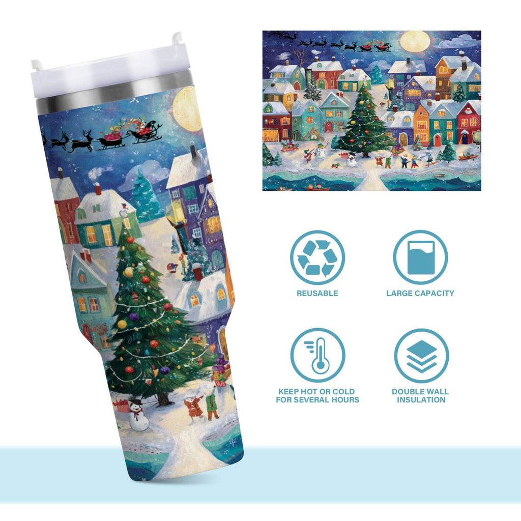 30 oz Insulated Stainless Steel Tumbler Double Wall Stainless Steel Tumbler with 2-Way Drinking Charming Christmas Scene | NQ9G