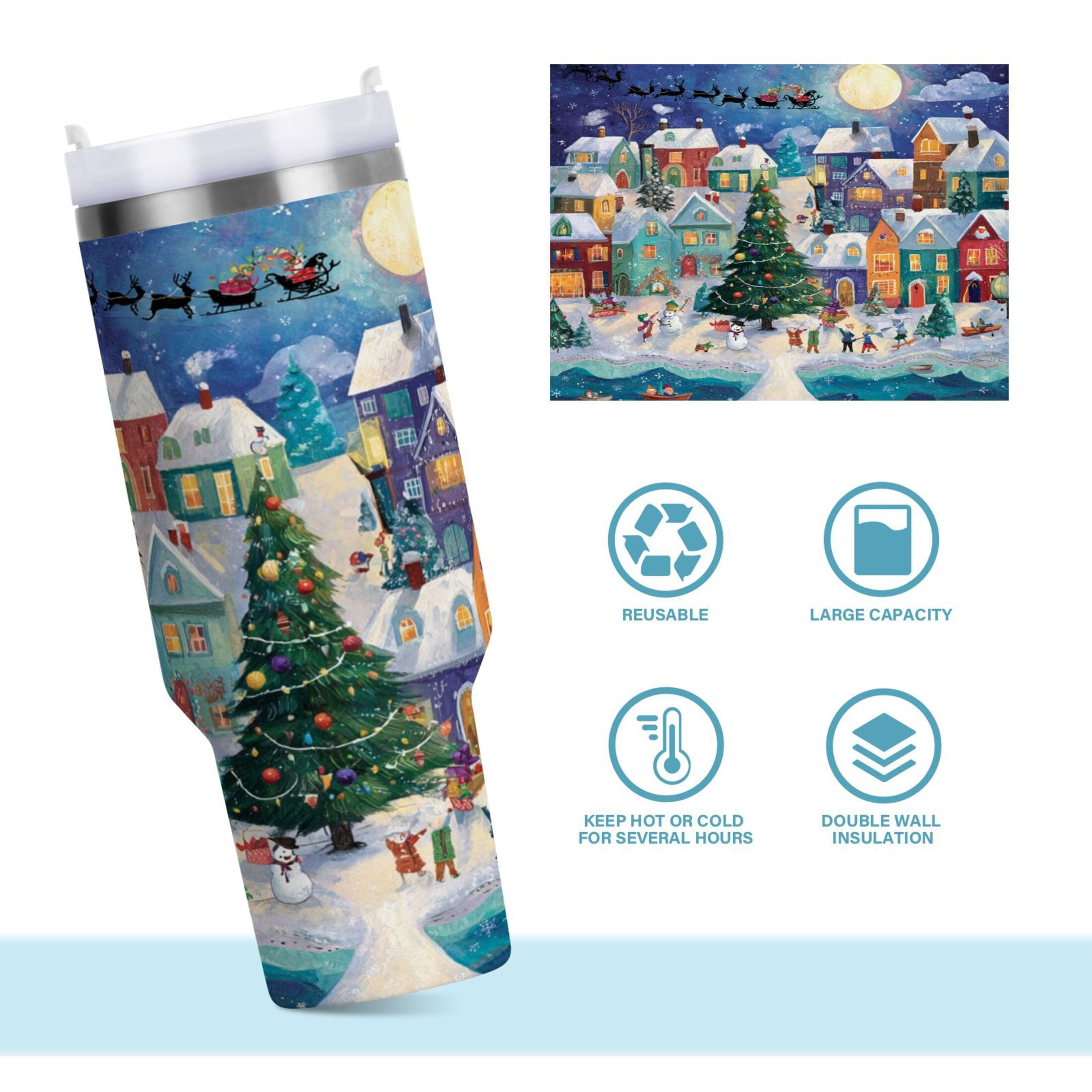 30 oz Insulated Stainless Steel Tumbler Double Wall Stainless Steel Tumbler with 2-Way Drinking Charming Christmas Scene | NQ9G
