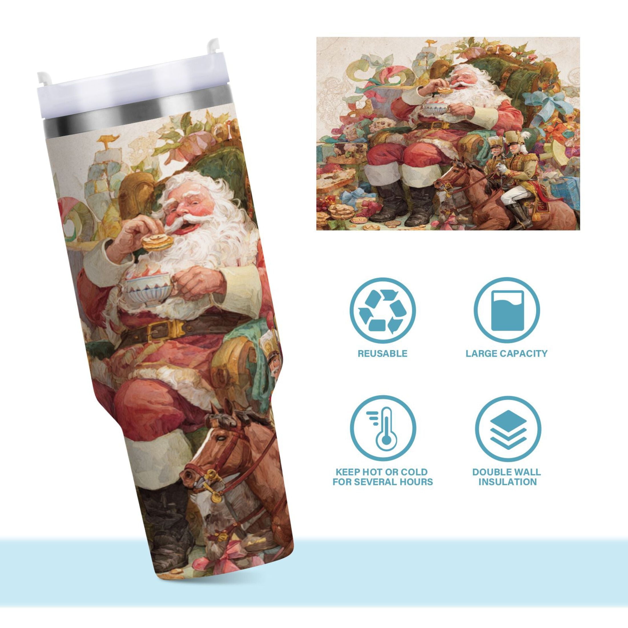 30 oz Insulated Stainless Steel Tumbler Double Wall Stainless Steel Tumbler with 2-Way Drinking Santa Claus Sitting in Chair | XZRA