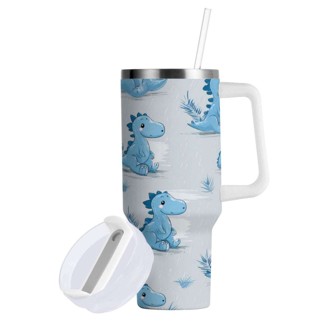 30 oz Insulated Stainless Steel Tumbler Double Wall Stainless Steel Tumbler with 2-Way Drinking Cartoon Blue Dinosaurs | LT8E