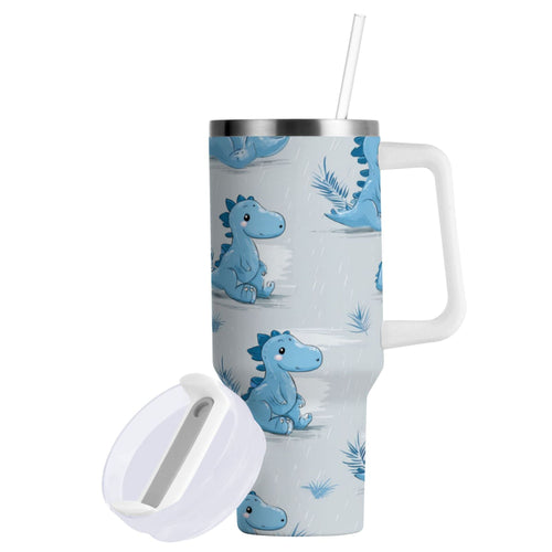 30 oz Insulated Stainless Steel Tumbler Double Wall Stainless Steel Tumbler with 2-Way Drinking Cartoon Blue Dinosaurs | LT8E