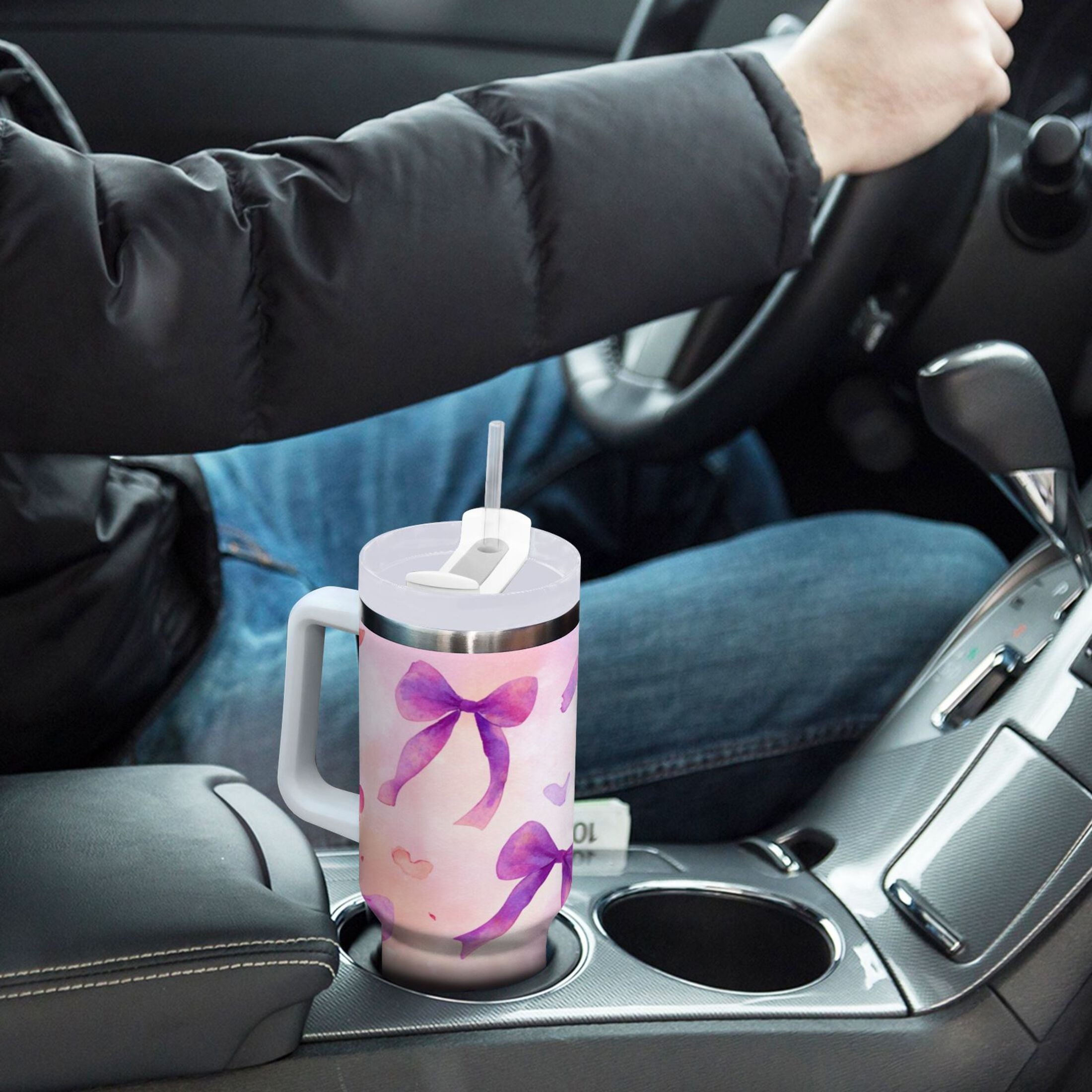 30 oz Insulated Stainless Steel Tumbler Double Wall Stainless Steel Tumbler with 2-Way Drinking Watercolor Purple Bows | CDPR
