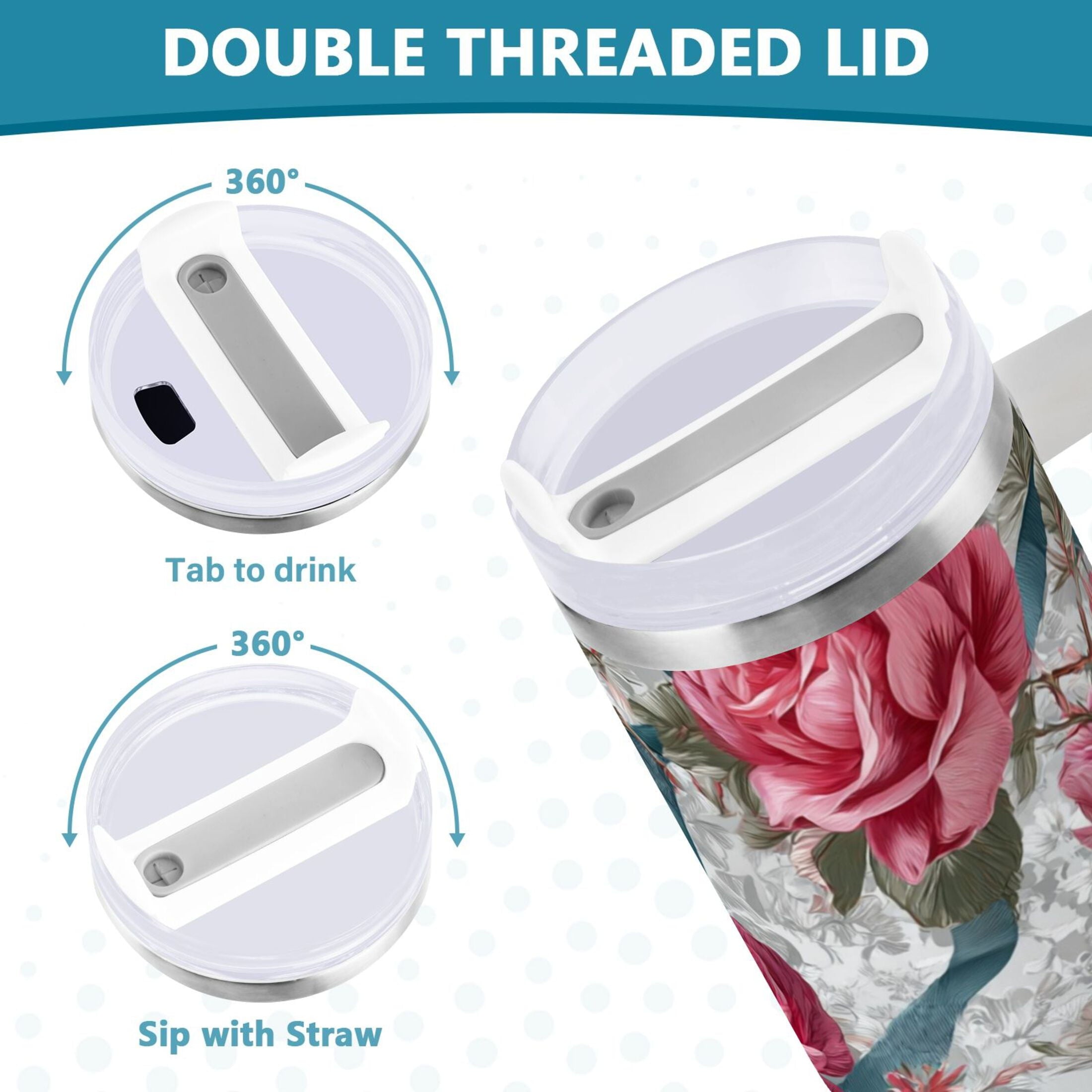 30 oz Insulated Stainless Steel Tumbler Double Wall Stainless Steel Tumbler with 2-Way Drinking Roses and Ribbons | M3YY
