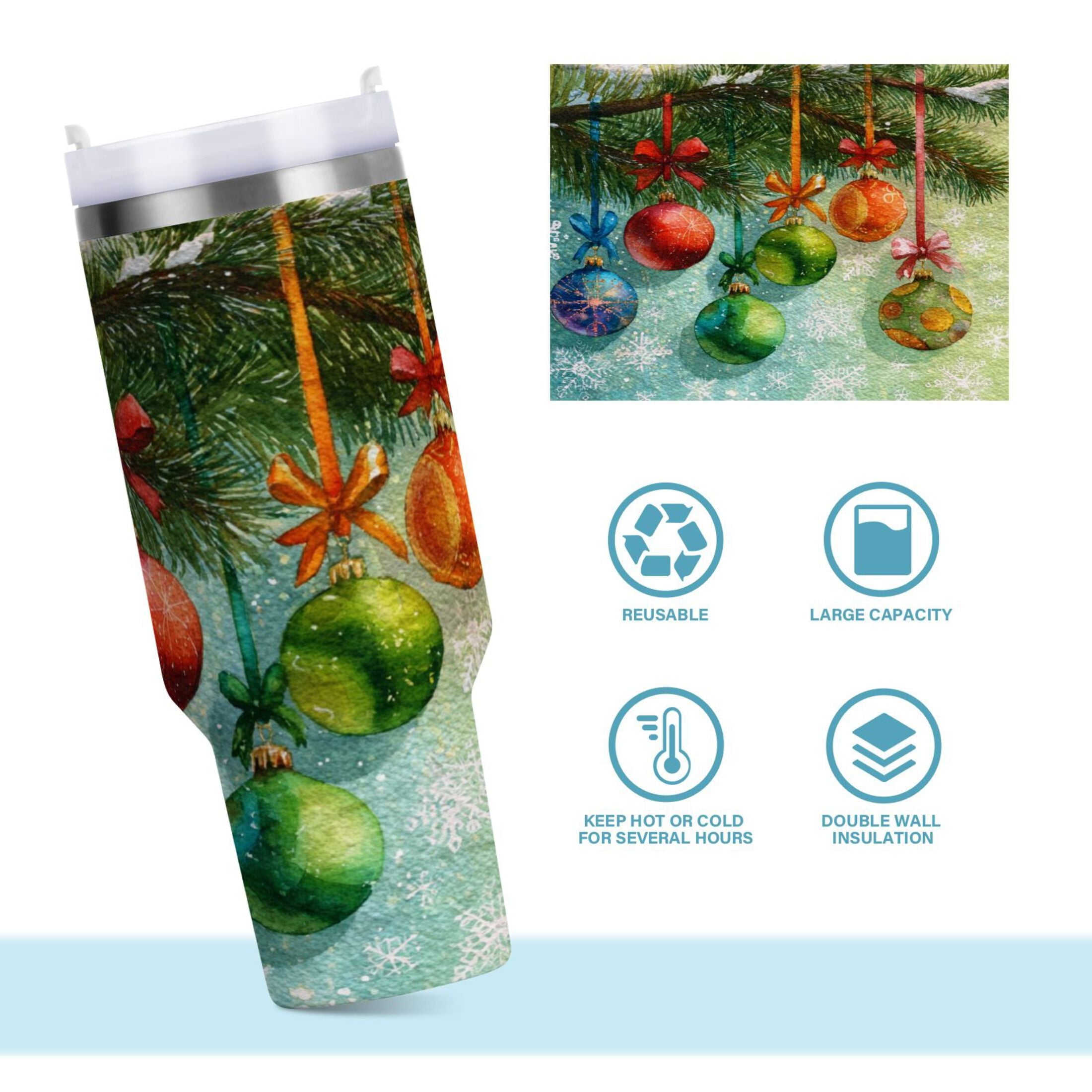 30 oz Insulated Stainless Steel Tumbler Double Wall Stainless Steel Tumbler with 2-Way Drinking Christmas Ornaments Watercolor Painting | I7RC