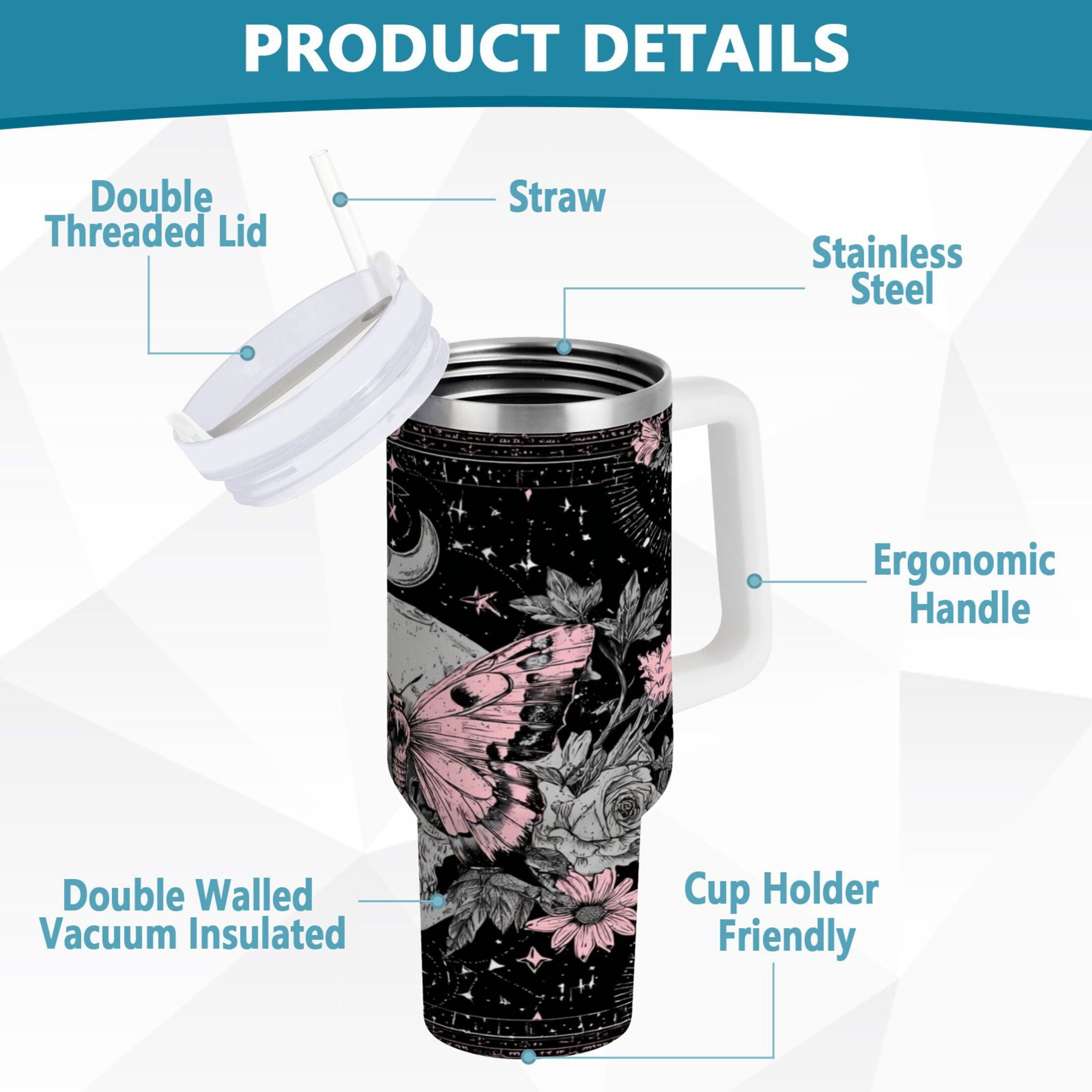 30 oz Insulated Stainless Steel Tumbler Double Wall Stainless Steel Tumbler with 2-Way Drinking Butterfly by Moon and Flowers | G7R9