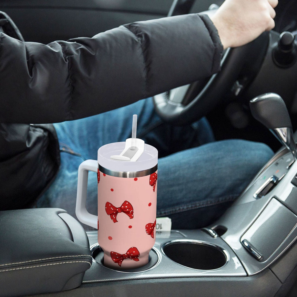 40 oz Insulated Stainless Steel Tumbler Double Wall Stainless Steel Tumbler with 2-Way Drinking Red Bows and Polka Dots | OPB4