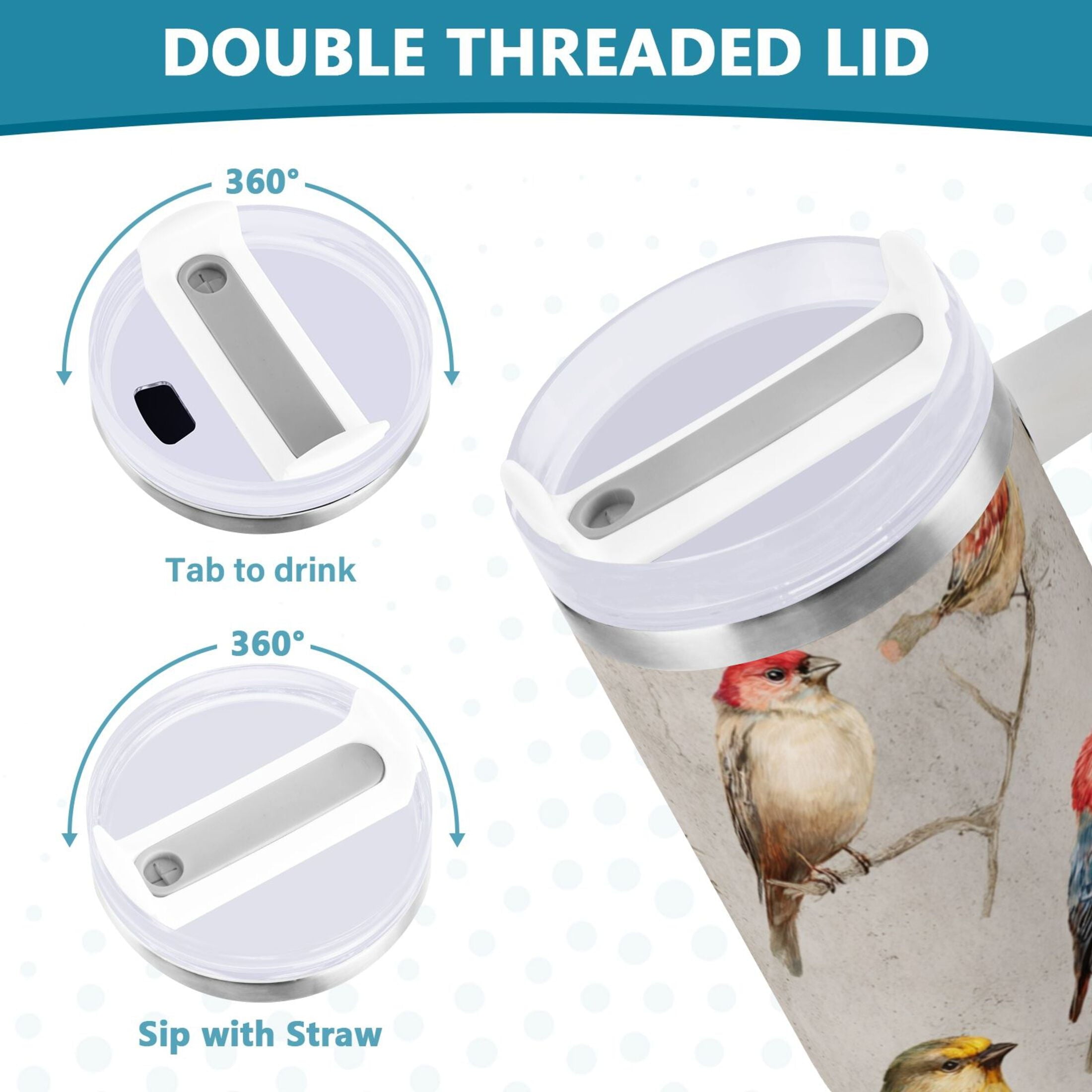 40 oz Insulated Stainless Steel Tumbler Double Wall Stainless Steel Tumbler with 2-Way Drinking Birds Pattern | CZJQ