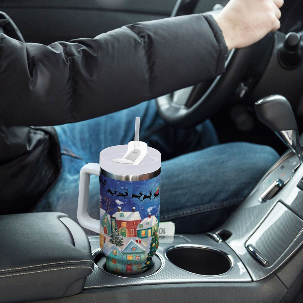 30 oz Insulated Stainless Steel Tumbler Double Wall Stainless Steel Tumbler with 2-Way Drinking Charming Christmas Scene | NQ9G