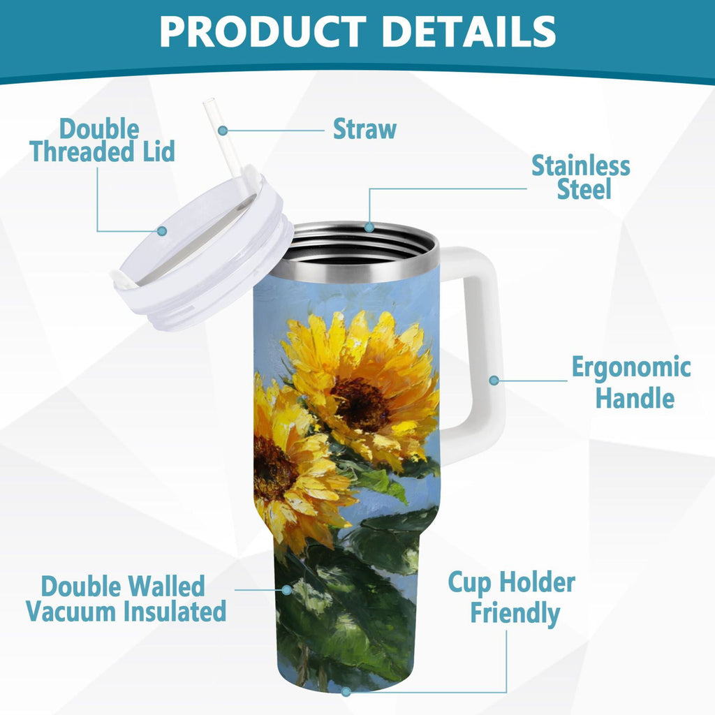 40 oz Insulated Stainless Steel Tumbler Double Wall Stainless Steel Tumbler with 2-Way Drinking Sunflowers Painting | WS0A