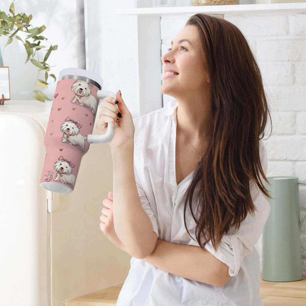 30 oz Insulated Stainless Steel Tumbler Double Wall Stainless Steel Tumbler with 2-Way Drinking Dogs Wearing Bows | 54FK