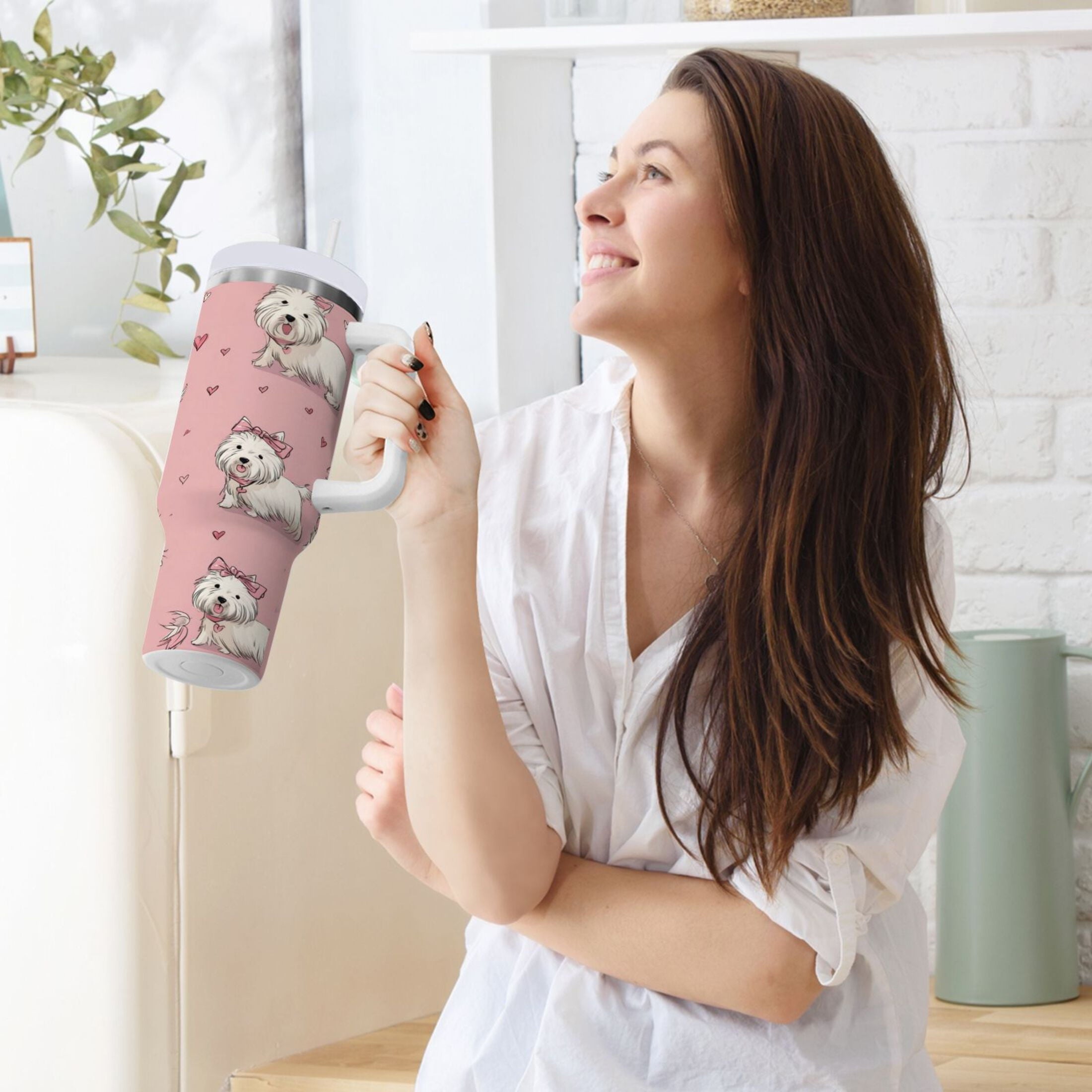 30 oz Insulated Stainless Steel Tumbler Double Wall Stainless Steel Tumbler with 2-Way Drinking Dogs Wearing Bows | 54FK