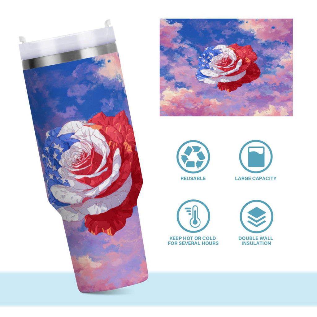 30 oz Insulated Stainless Steel Tumbler Double Wall Stainless Steel Tumbler with 2-Way Drinking Rose with Flag Pattern | B8EC