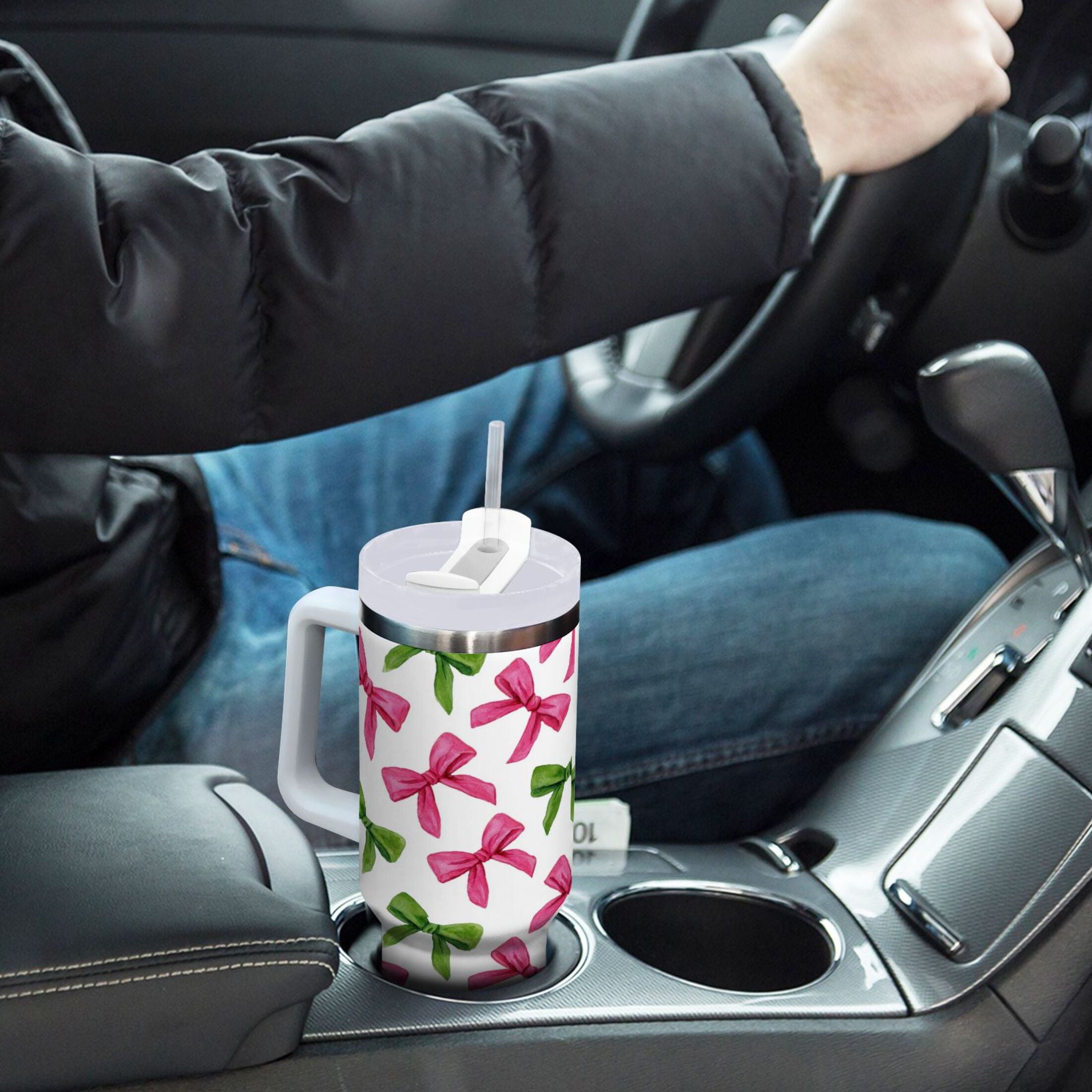 30 oz Insulated Stainless Steel Tumbler Double Wall Stainless Steel Tumbler with 2-Way Drinking Pink Bows and Green Ribbons | 3XR2