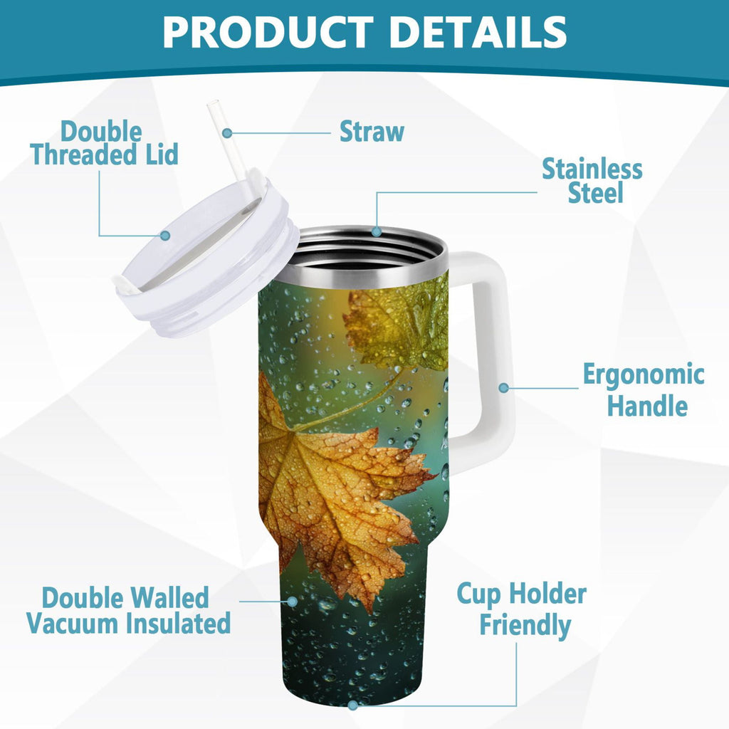 30 oz Insulated Stainless Steel Tumbler Double Wall Stainless Steel Tumbler with 2-Way Drinking Leaves with Water Droplets | N6BP