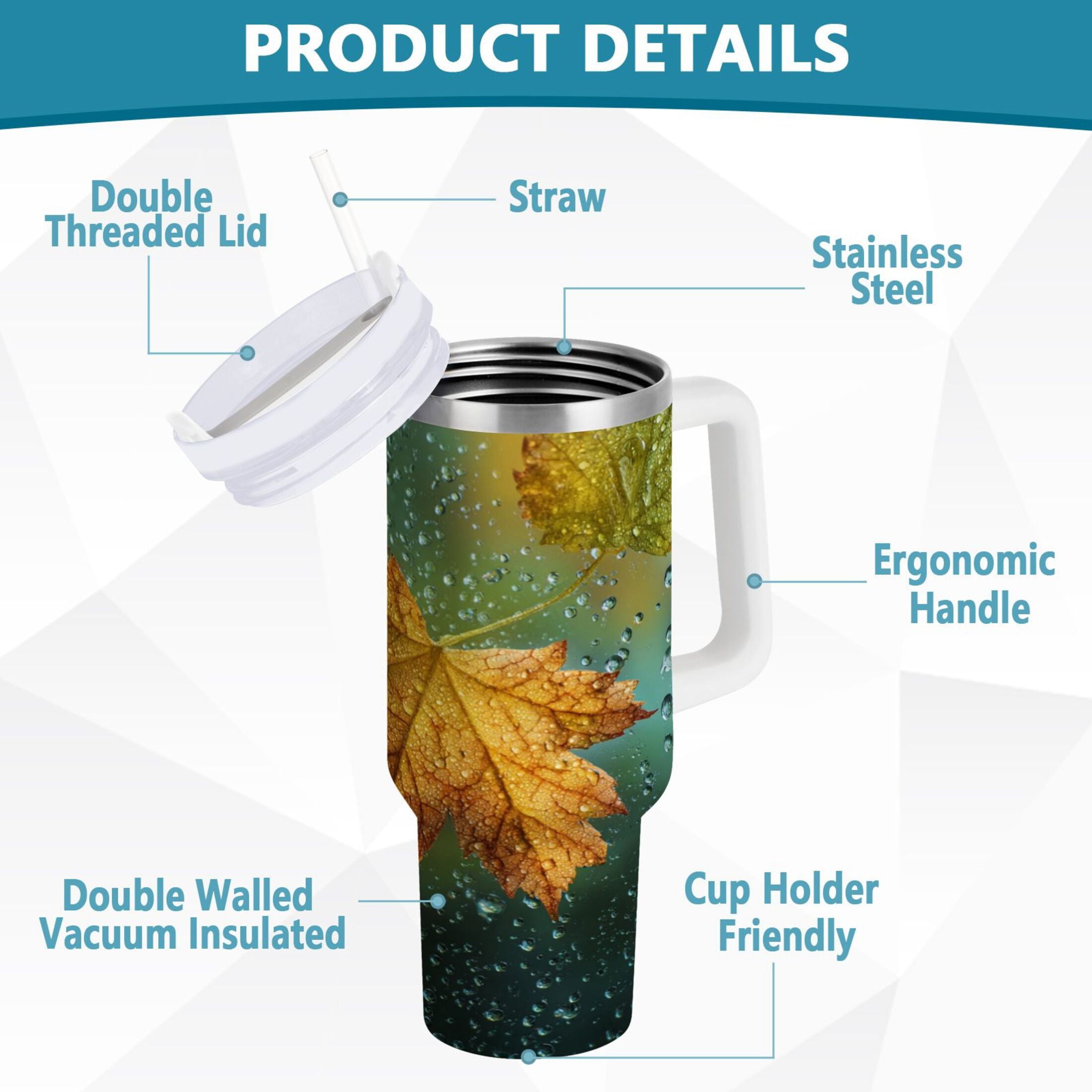 30 oz Insulated Stainless Steel Tumbler Double Wall Stainless Steel Tumbler with 2-Way Drinking Leaves with Water Droplets | N6BP