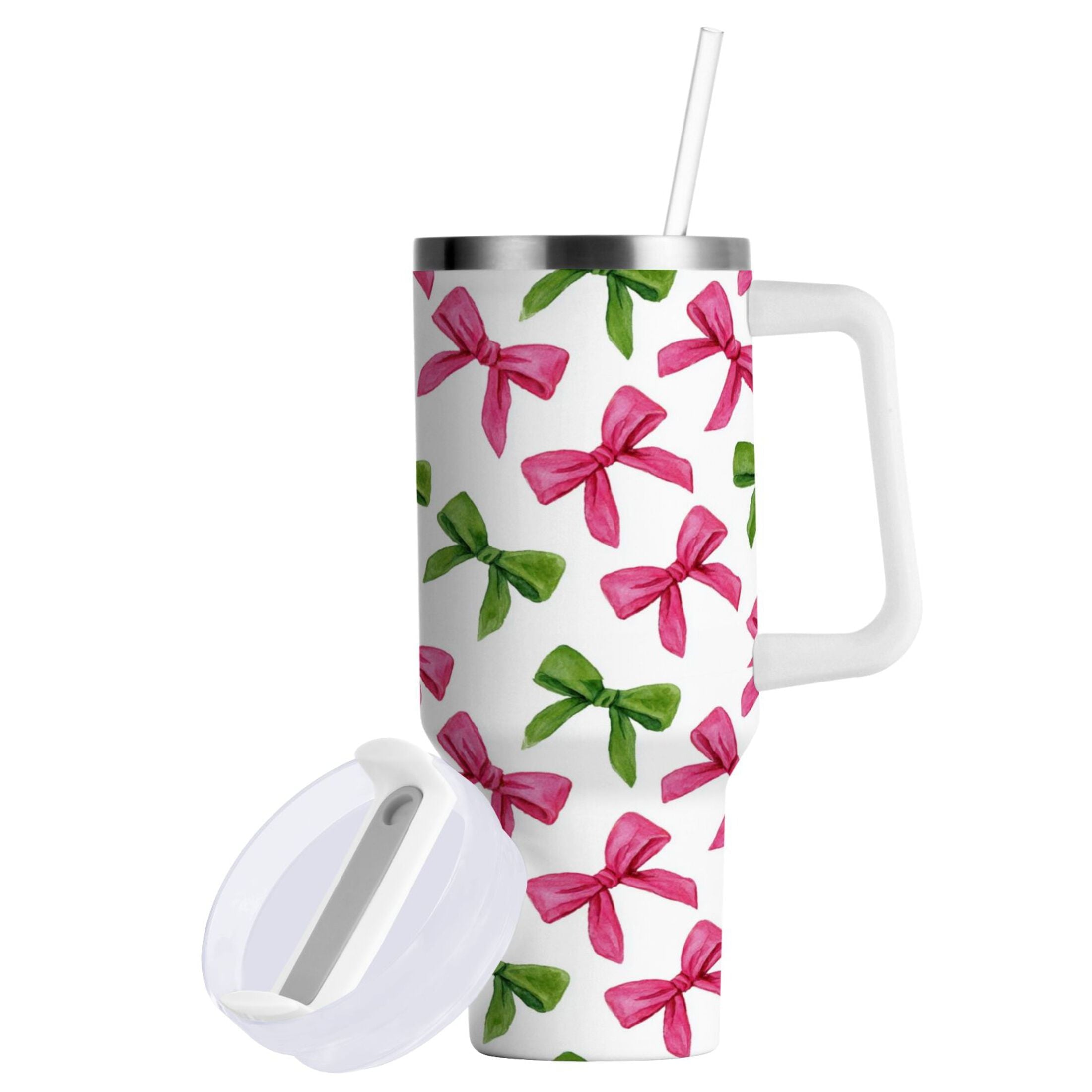 30 oz Insulated Stainless Steel Tumbler Double Wall Stainless Steel Tumbler with 2-Way Drinking Pink Bows and Green Ribbons | 3XR2