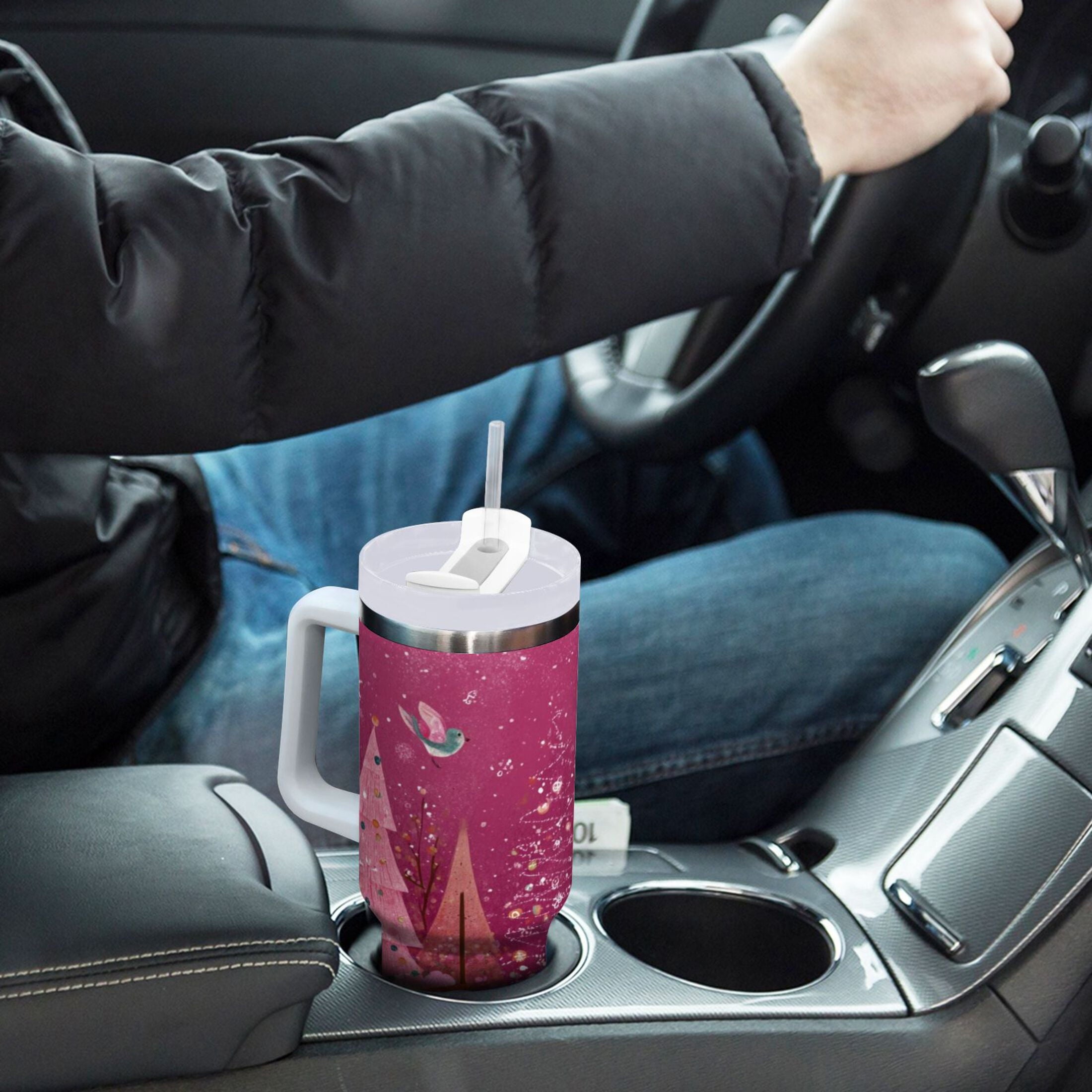 40 oz Insulated Stainless Steel Tumbler Double Wall Stainless Steel Tumbler with 2-Way Drinking Pink Christmas Forest | DA9J