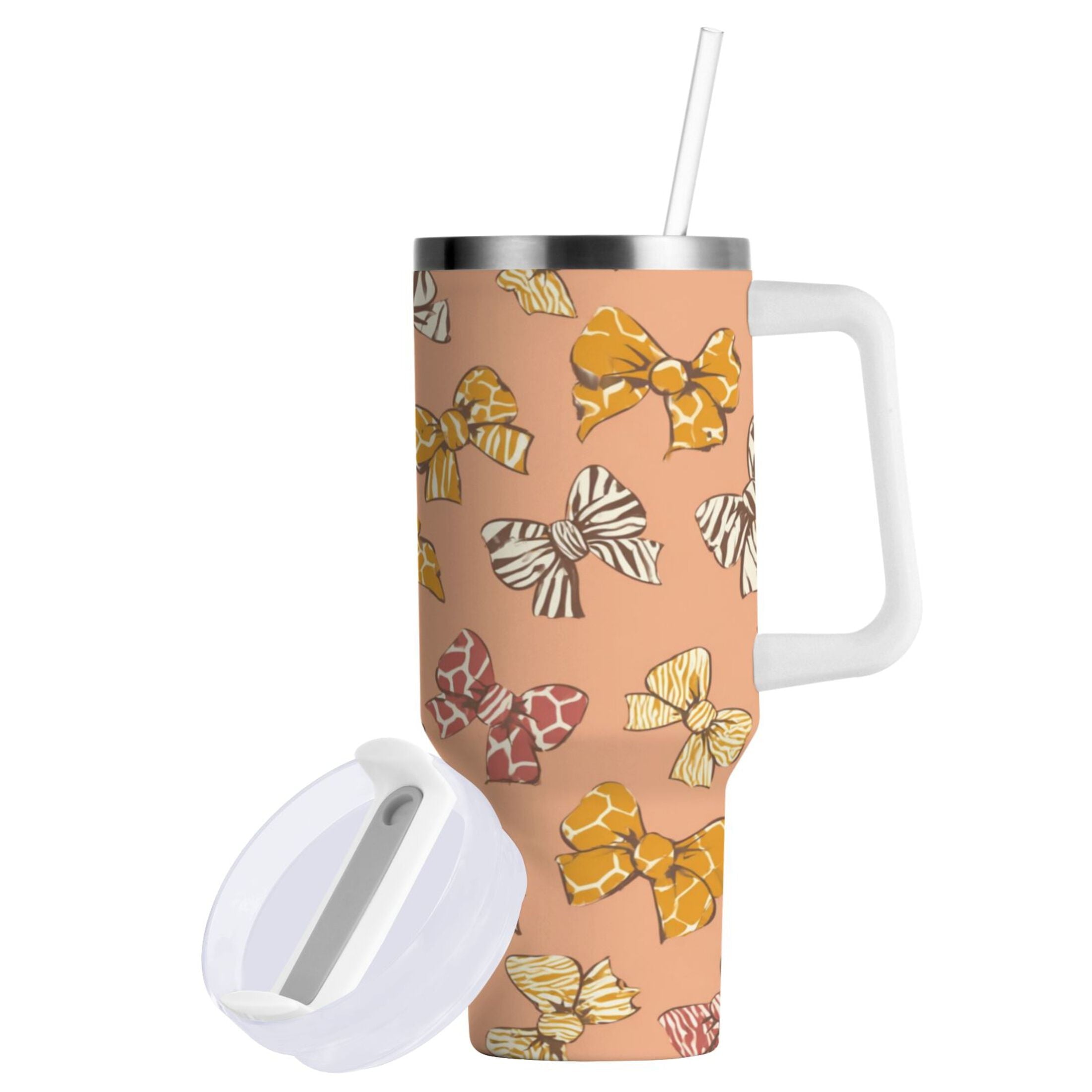40 oz Insulated Stainless Steel Tumbler Double Wall Stainless Steel Tumbler with 2-Way Drinking Cute Animal Print Bows | 0X71