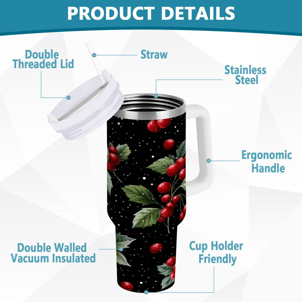 40 oz Insulated Stainless Steel Tumbler Double Wall Stainless Steel Tumbler with 2-Way Drinking Red Holly Berries Pattern | X1IS