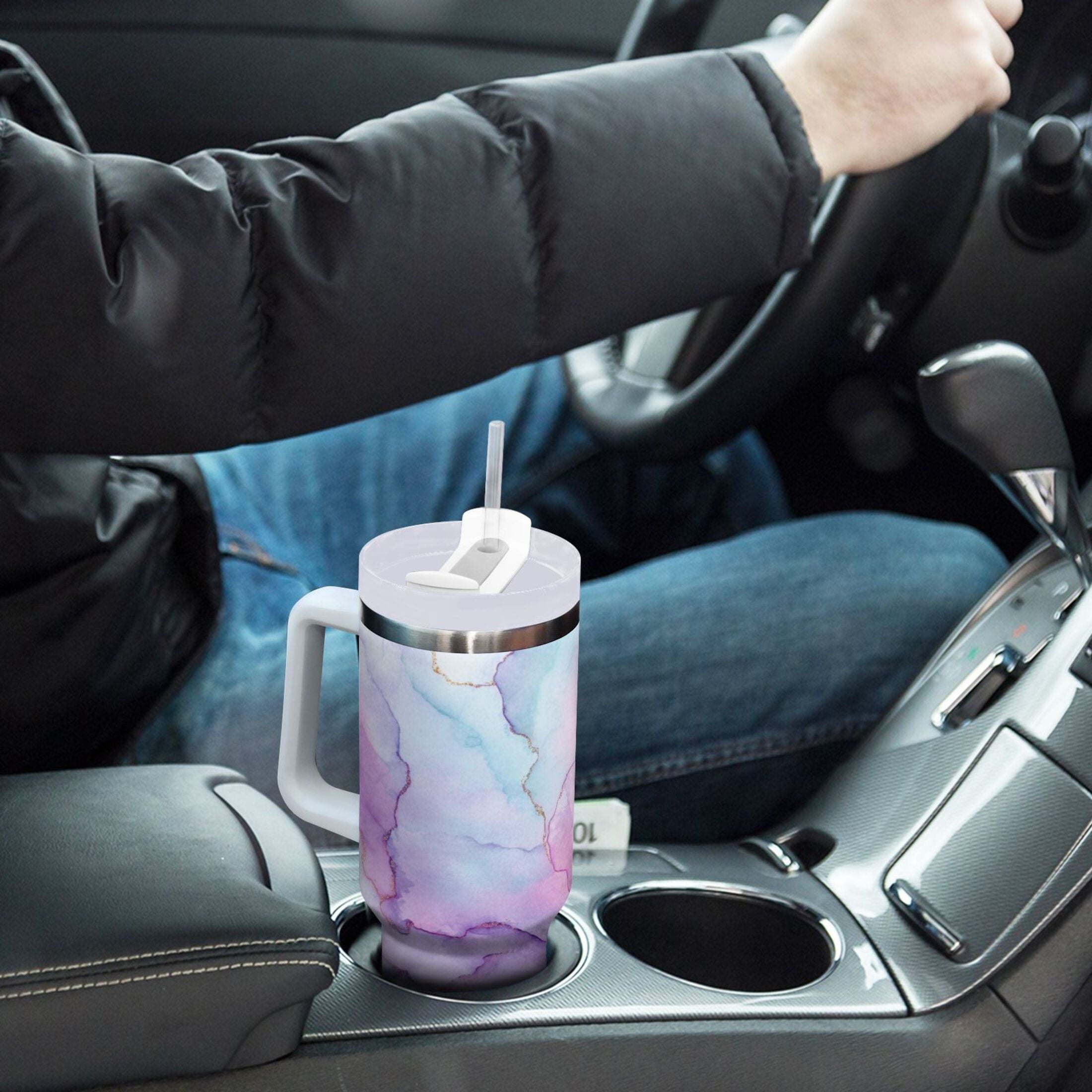 30 oz Insulated Stainless Steel Tumbler Double Wall Stainless Steel Tumbler with 2-Way Drinking Pastel Pink Marble Texture | YQIL