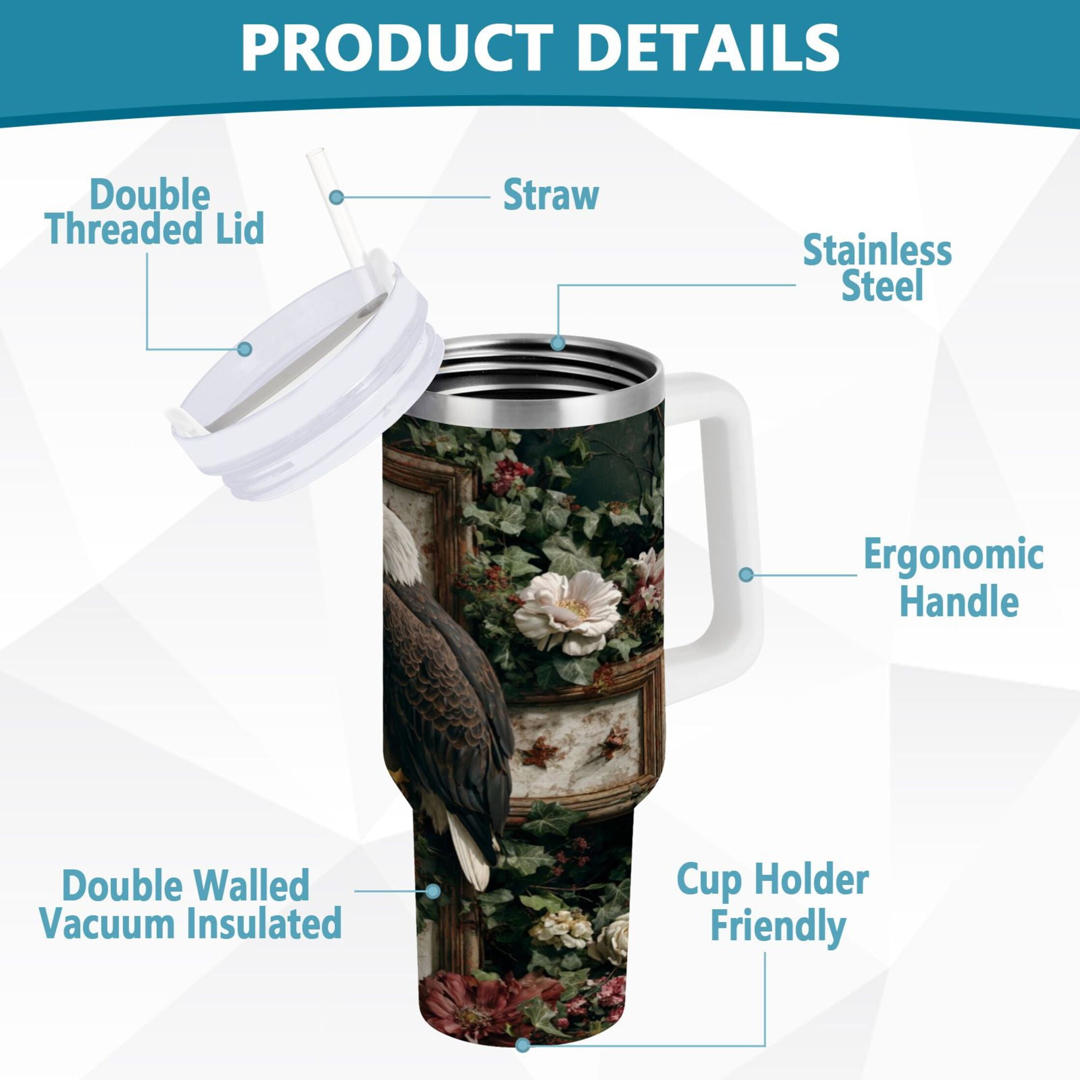 30 oz Insulated Stainless Steel Tumbler Double Wall Stainless Steel Tumbler with 2-Way Drinking Wreath and Bald Eagle | Q12A