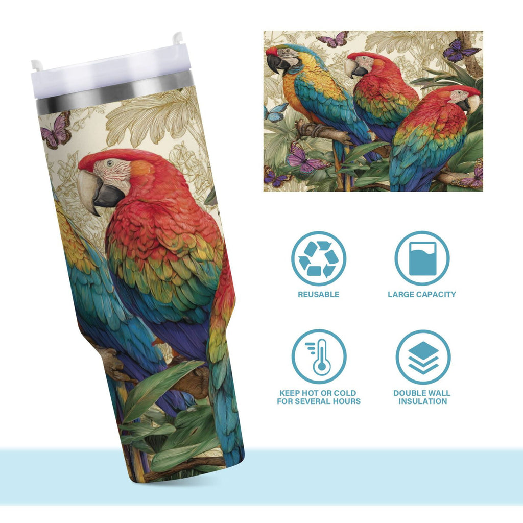 30 oz Insulated Stainless Steel Tumbler Double Wall Stainless Steel Tumbler with 2-Way Drinking Colorful Beautiful Parrots | I7YE