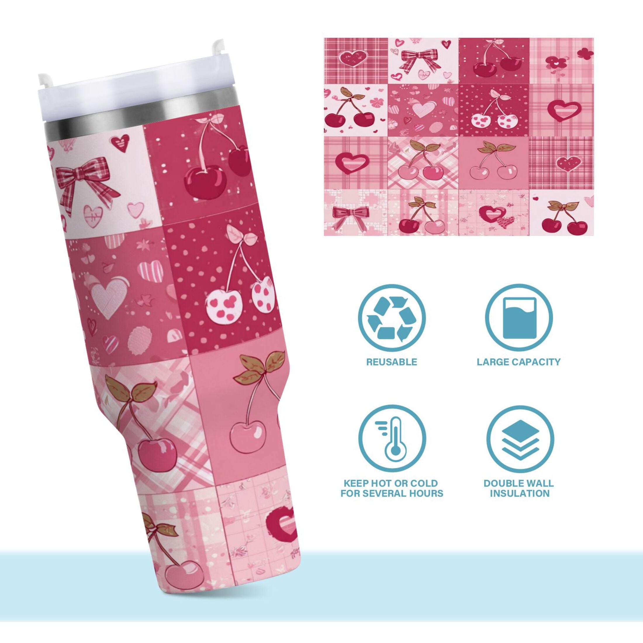 30 oz Insulated Stainless Steel Tumbler Double Wall Stainless Steel Tumbler with 2-Way Drinking Cherry Pattern with Bows | JTFF