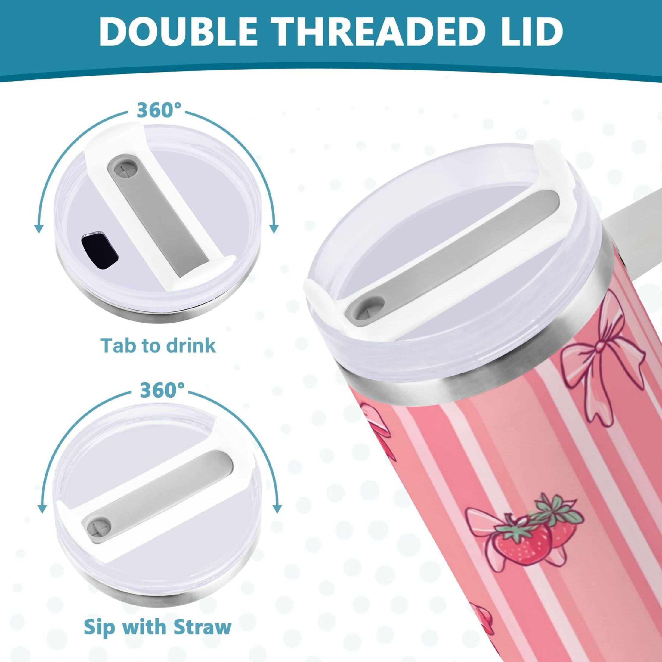 30 oz Insulated Stainless Steel Tumbler Double Wall Stainless Steel Tumbler with 2-Way Drinking Pink Bows and Strawberries | DVN9