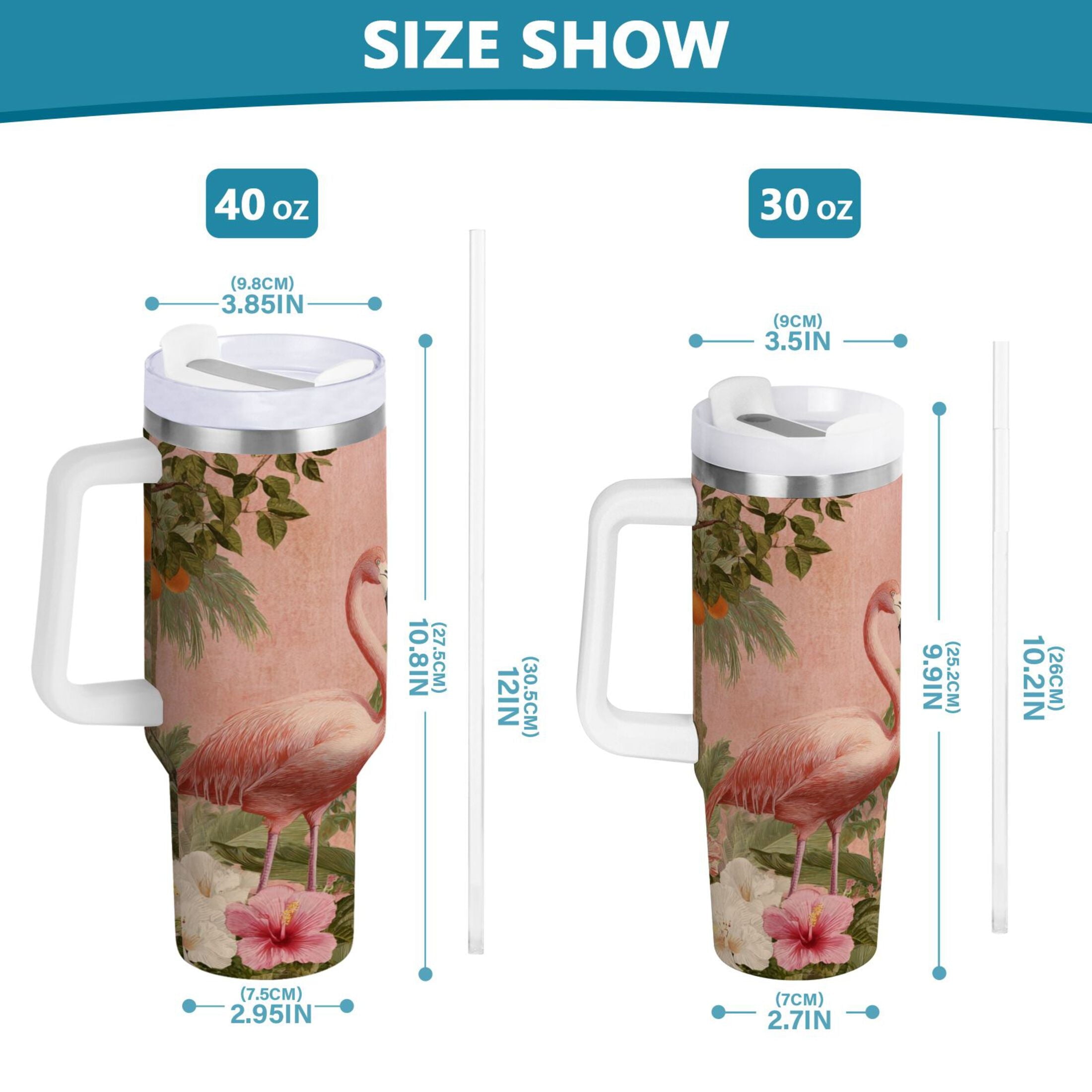 40 oz Insulated Stainless Steel Tumbler Double Wall Stainless Steel Tumbler with 2-Way Drinking Flamingos in Tropical Garden | EH41