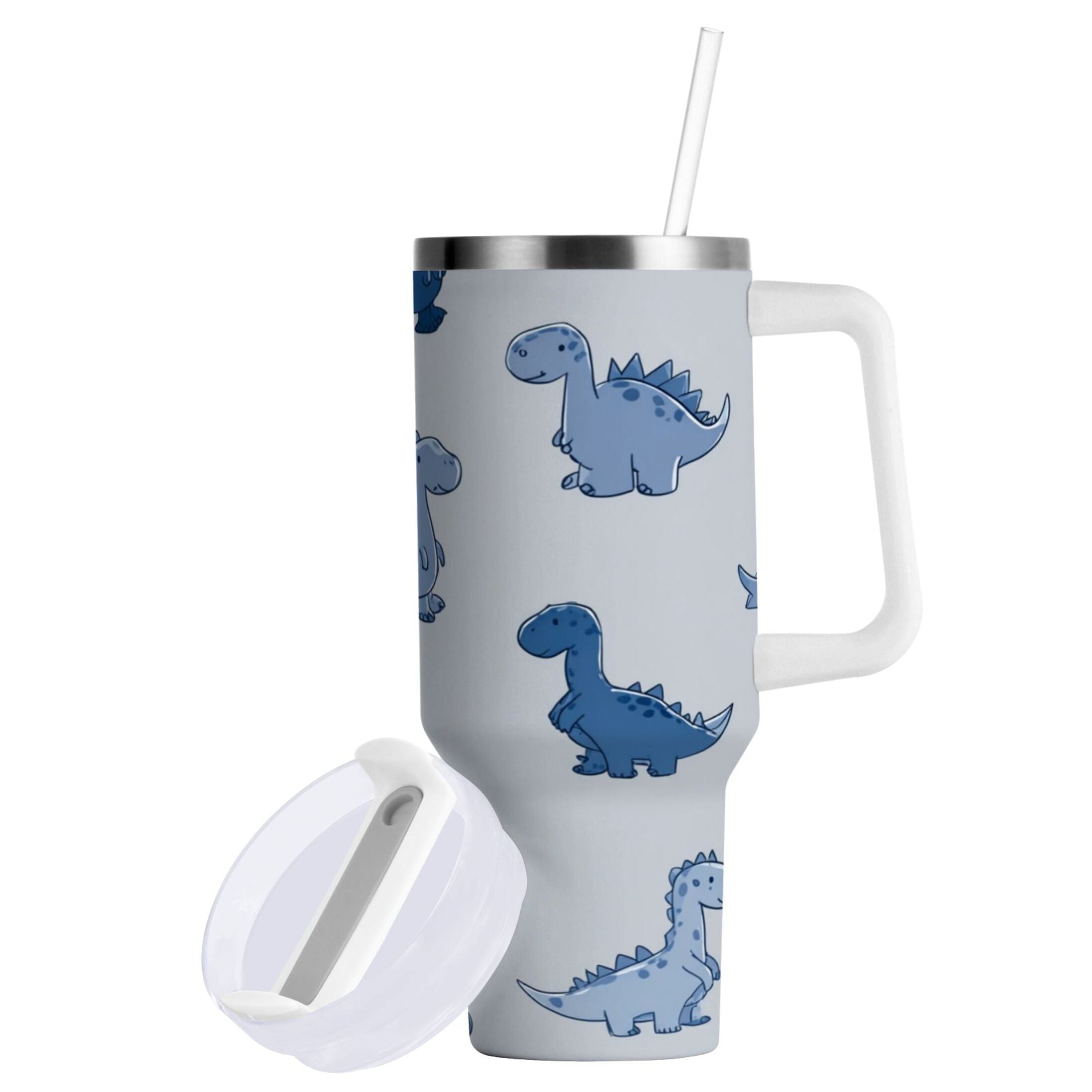 30 oz Insulated Stainless Steel Tumbler Double Wall Stainless Steel Tumbler with 2-Way Drinking Cute Blue Dinosaurs | XZGM