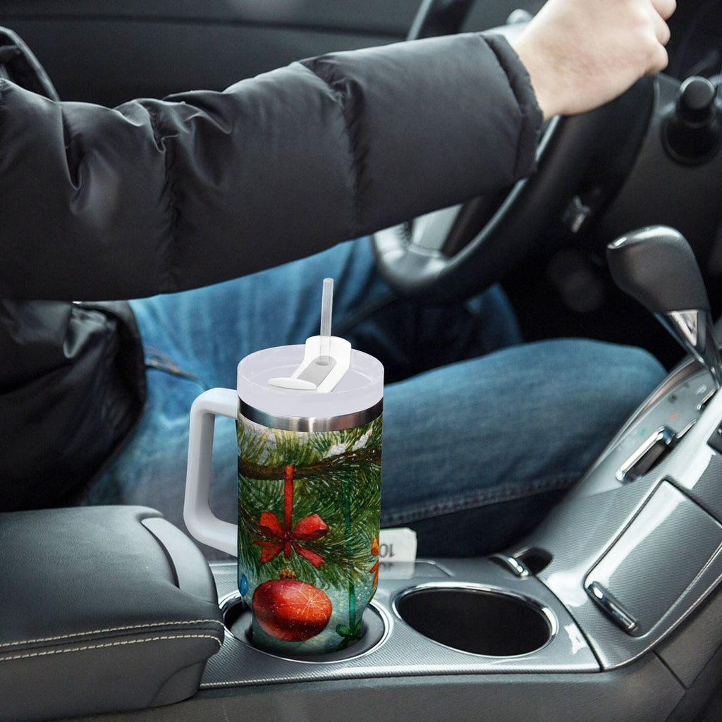 30 oz Insulated Stainless Steel Tumbler Double Wall Stainless Steel Tumbler with 2-Way Drinking Christmas Ornaments Watercolor Painting | I7RC