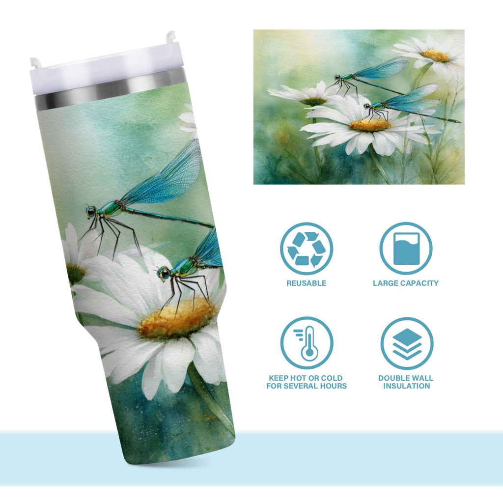 30 oz Insulated Stainless Steel Tumbler Double Wall Stainless Steel Tumbler with 2-Way Drinking Beautiful Dragonflies and Daisies | P6SW