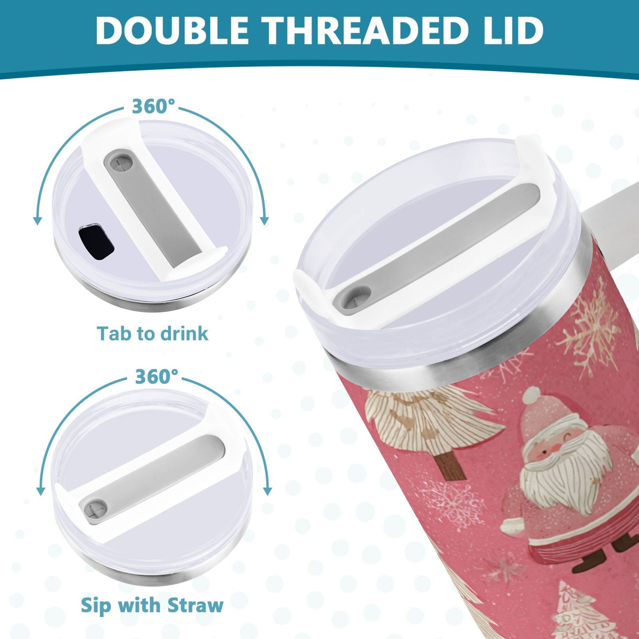 40 oz Insulated Stainless Steel Tumbler Double Wall Stainless Steel Tumbler with 2-Way Drinking Pink Santa Claus Pattern | 70MW