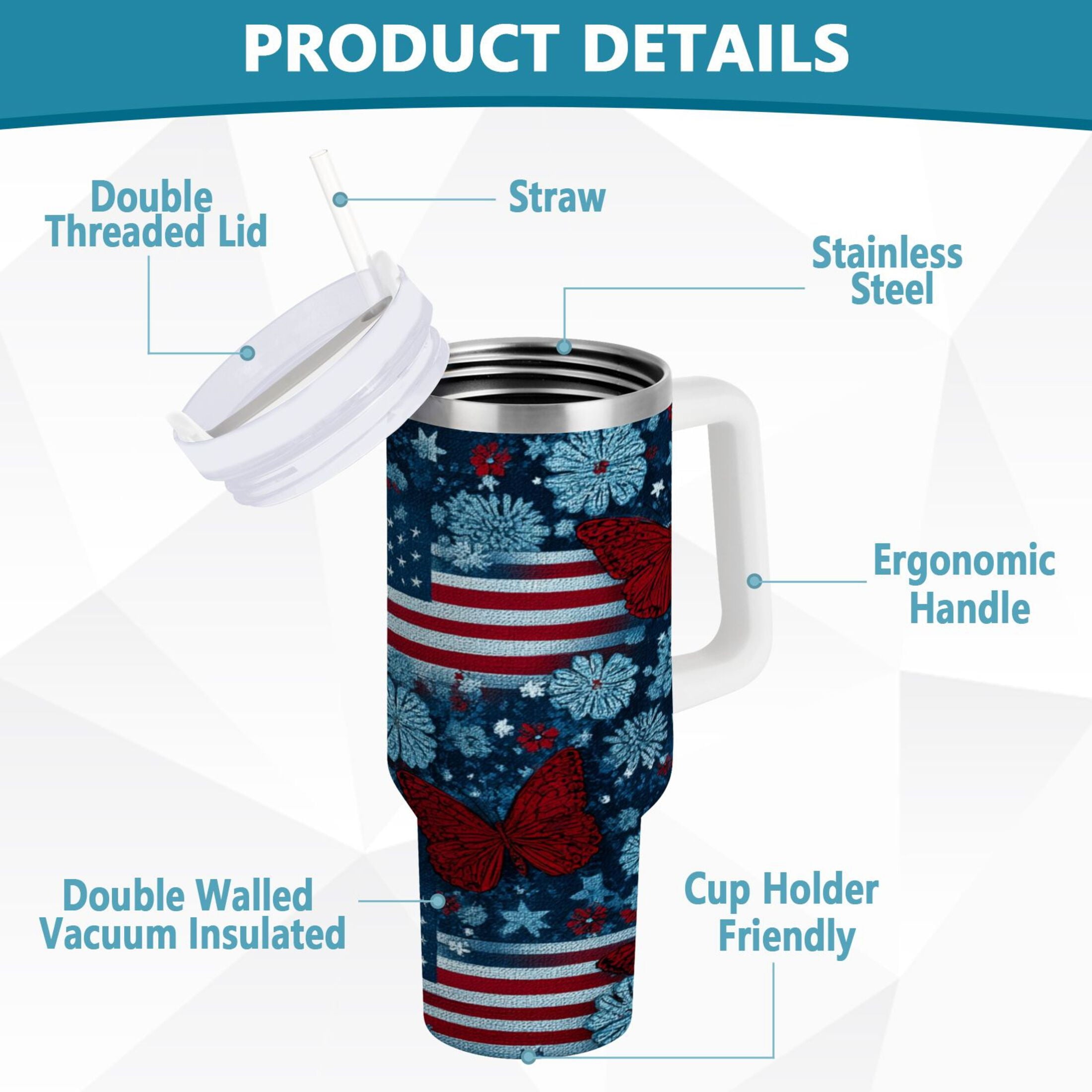30 oz Insulated Stainless Steel Tumbler Double Wall Stainless Steel Tumbler with 2-Way Drinking Red Butterflies and Flags | PY3J