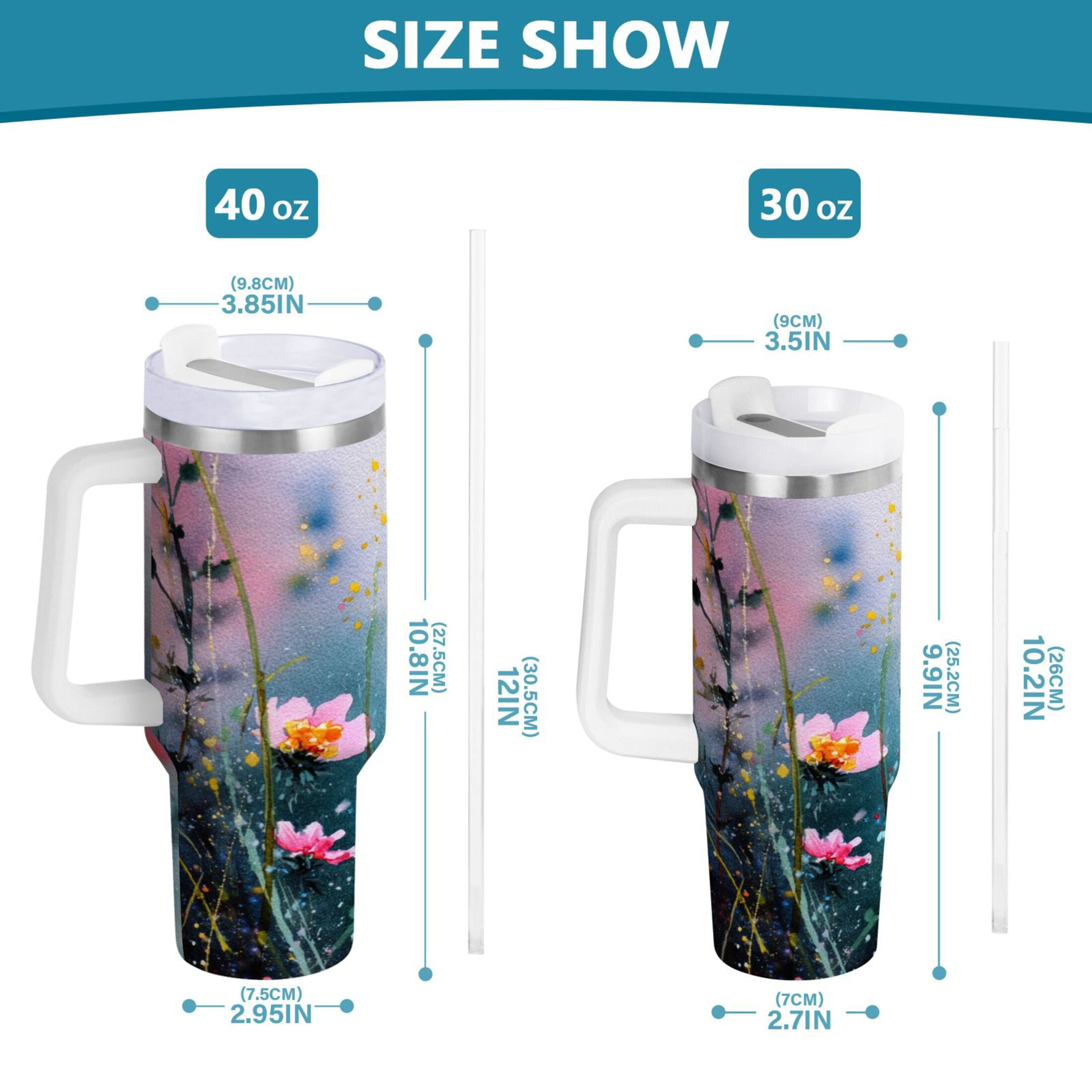 40 oz Insulated Stainless Steel Tumbler Double Wall Stainless Steel Tumbler with 2-Way Drinking Abstract Wildflowers | I3Z5