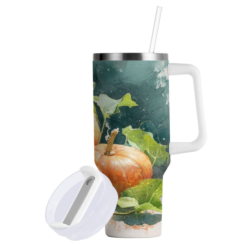40 oz Insulated Stainless Steel Tumbler Double Wall Stainless Steel Tumbler with 2-Way Drinking Orange and White Pumpkins | BXAH